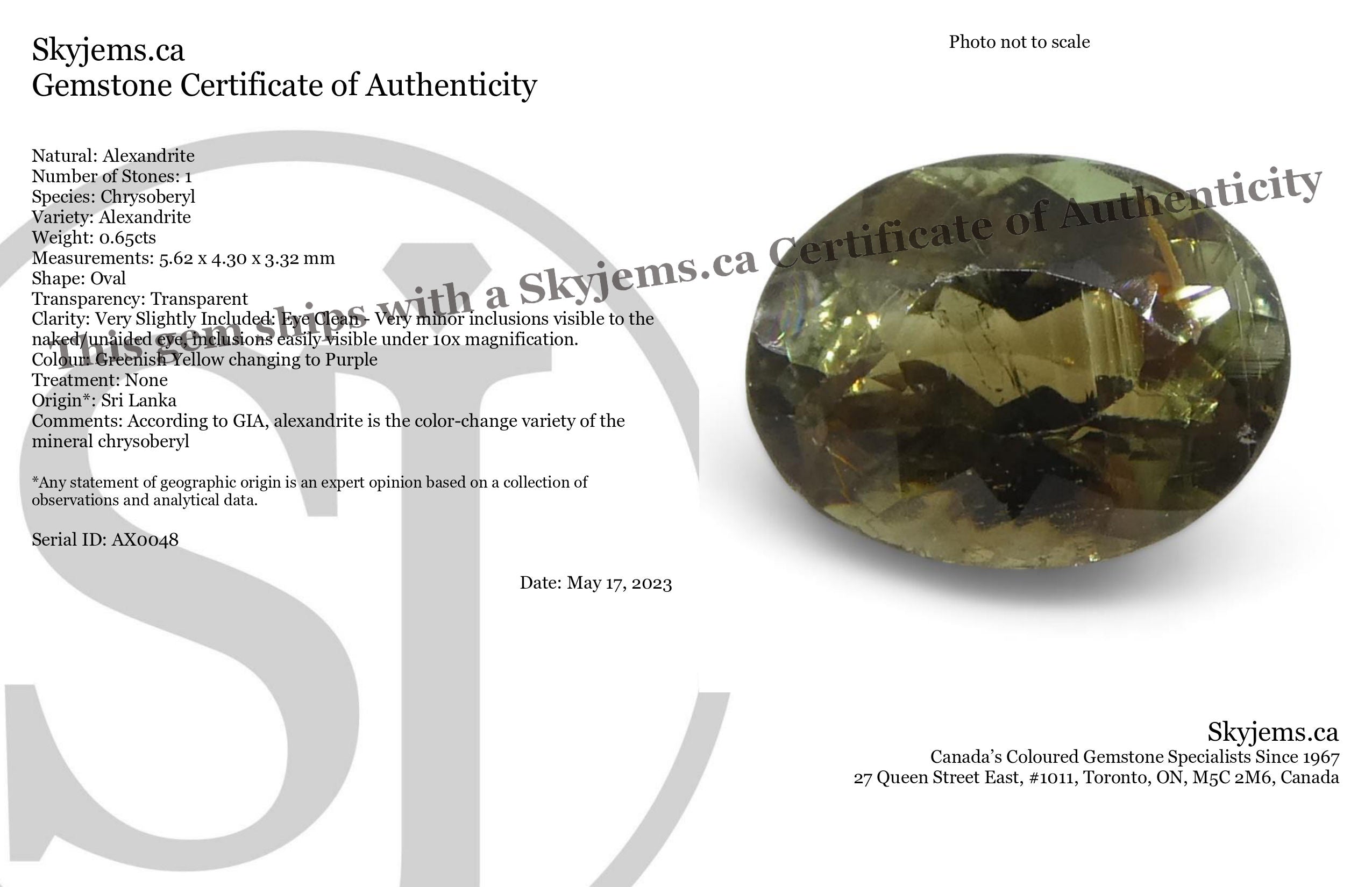 0.65ct Oval Greenish Yellow changing to Purple Alexandrite from Sri Lanka, Unheated - Skyjems Wholesale Gemstones