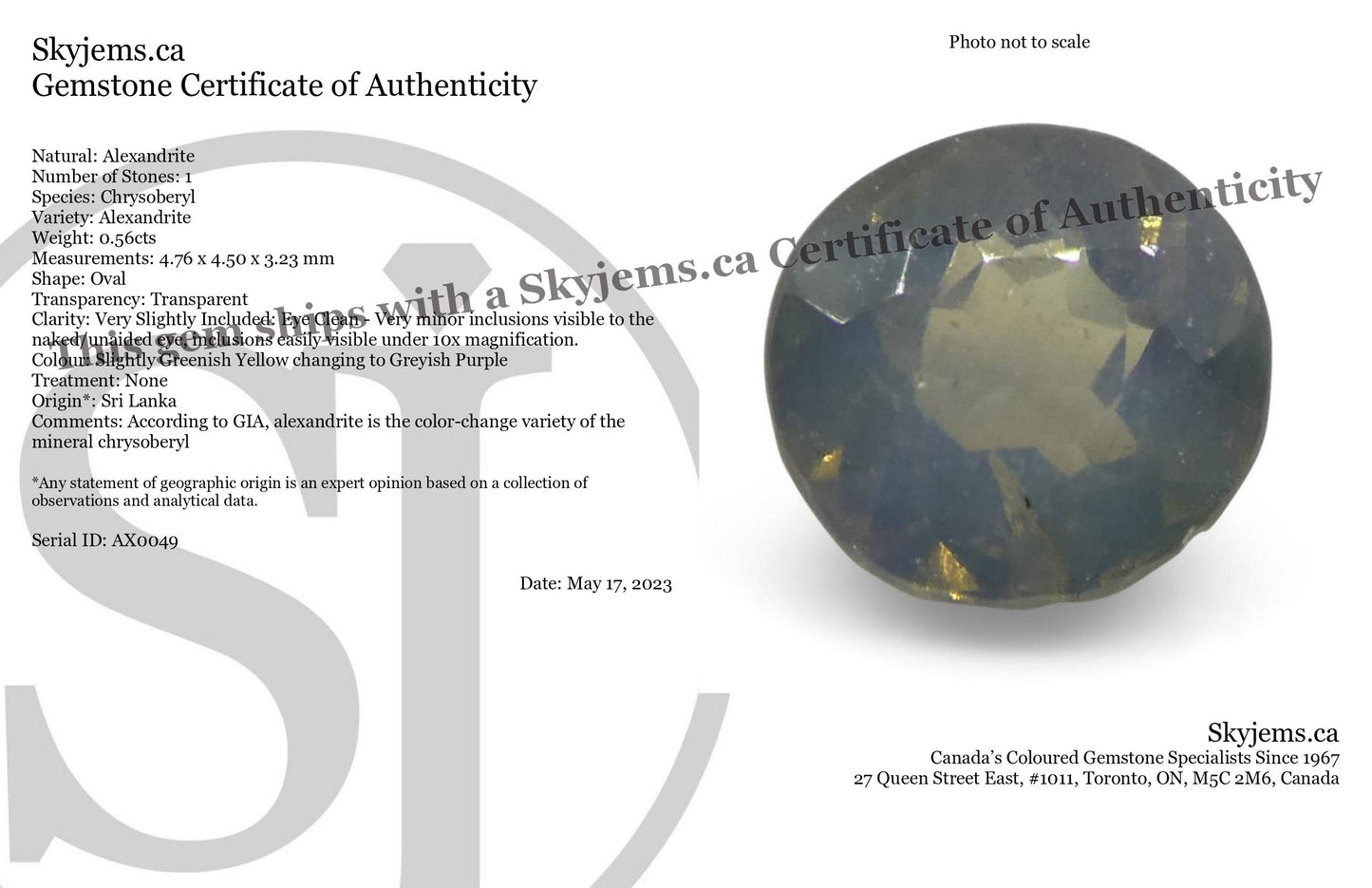 0.56ct Oval Greenish Yellow to Greyish Purple Alexandrite from Sri Lanka, Unheated