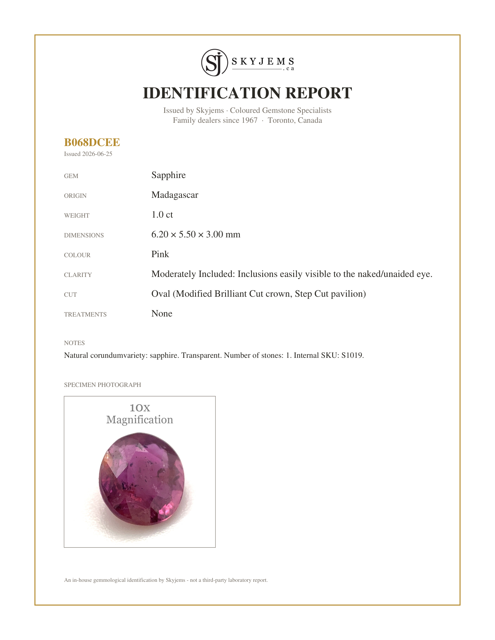 Skyjems Identification Report for S1019 — 1.00ct Oval Pink Sapphire Unheated
