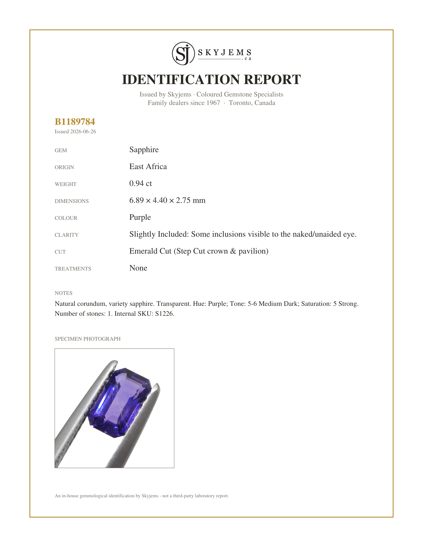 Skyjems Identification Report for S1226 — 0.94ct Emerald Cut Purple Sapphire from East Africa, Unheated