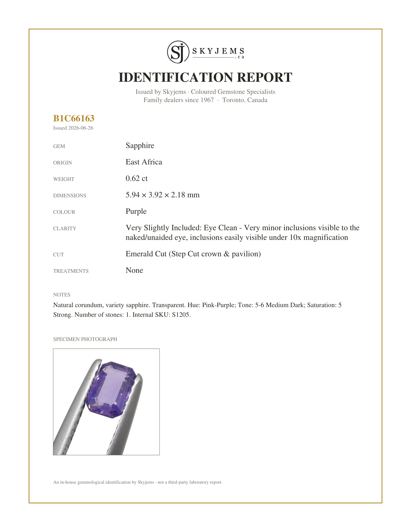 Skyjems Identification Report for S1205 — 0.62ct Emerald Cut Purple Sapphire from East Africa, Unheated