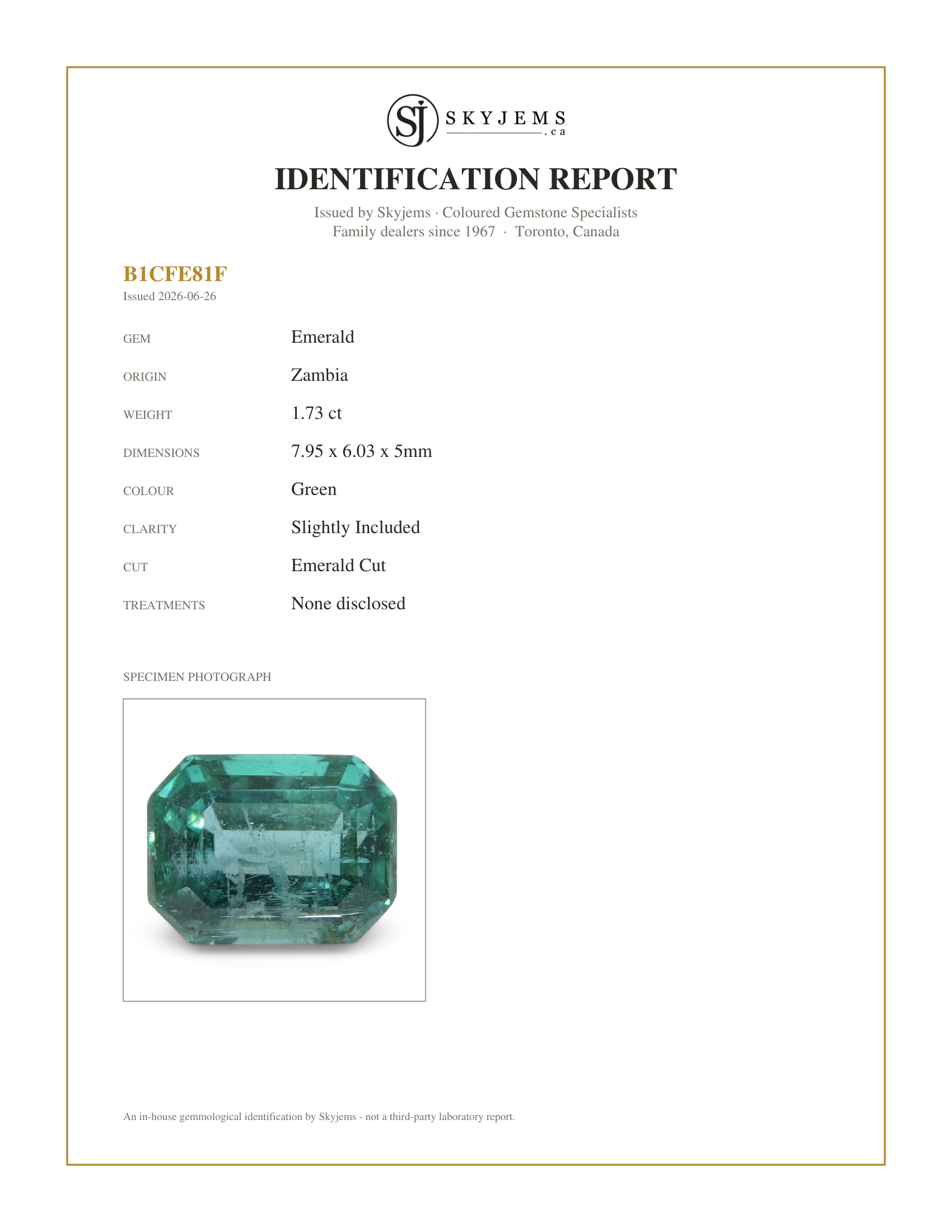 Skyjems Identification Report for E0199 — 1.73ct Emerald Cut Emerald from Zambia