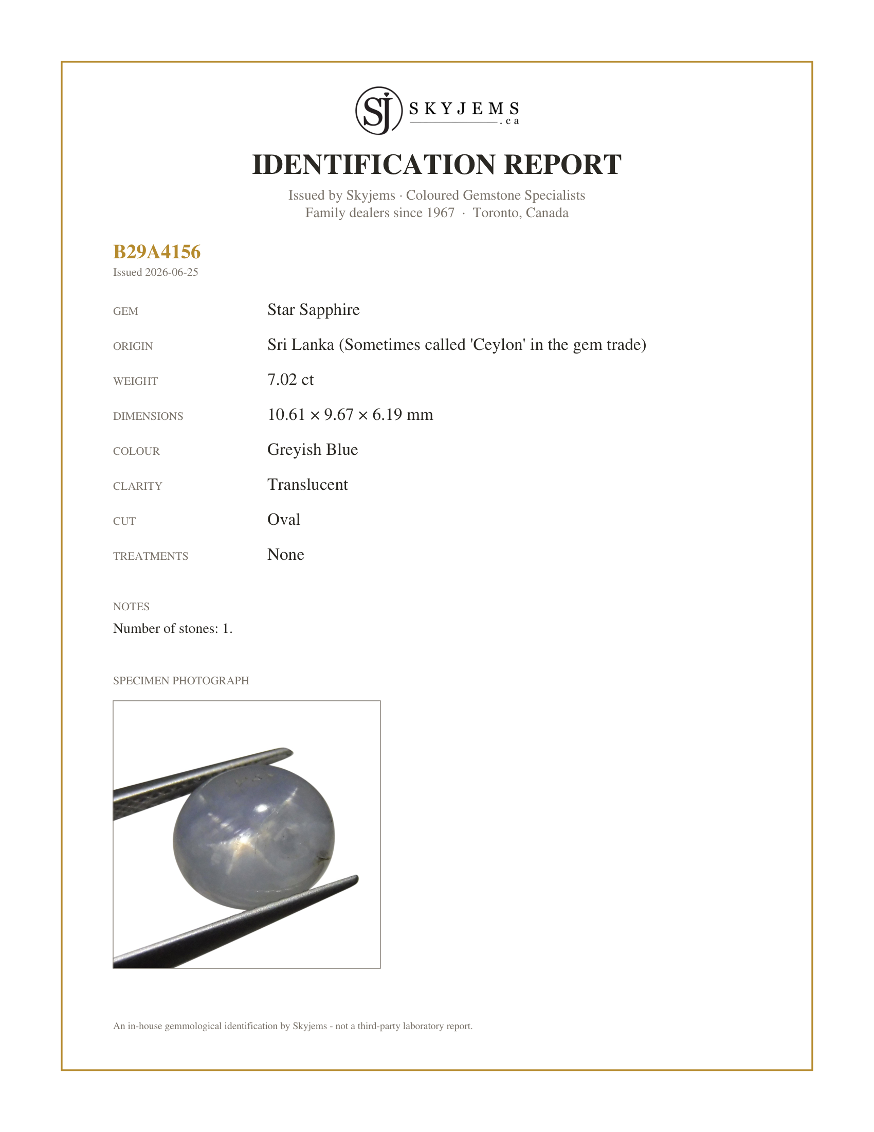 Skyjems Identification Report — 7.02 ct Oval Star Sapphire
