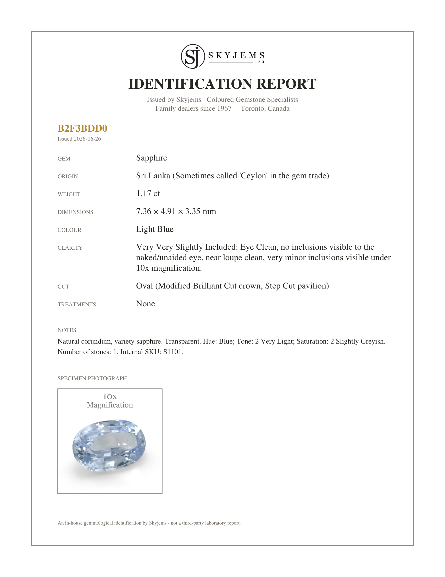 Skyjems Identification Report for S1101 — 1.17ct Oval Icy Blue Sapphire from Sri Lanka Unheated