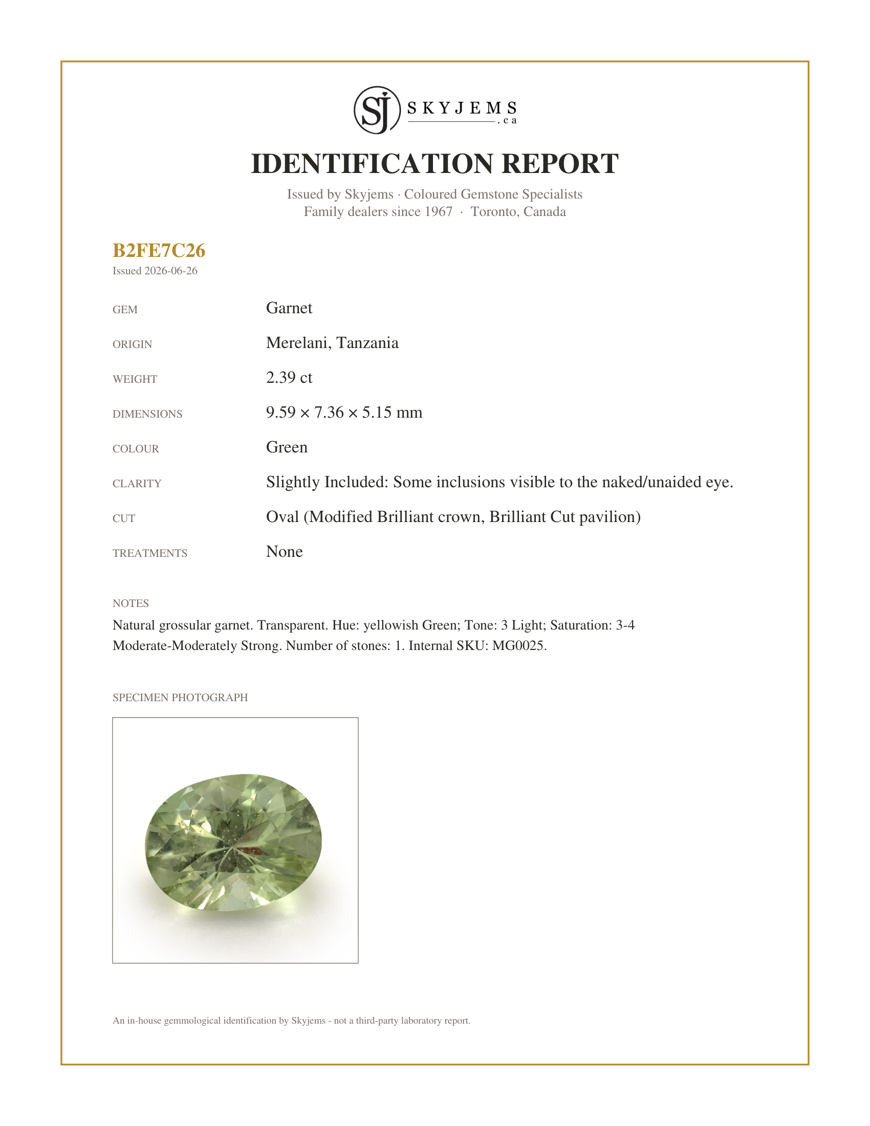Skyjems Identification Report for MG0025 — 2.39ct Oval Green Merelani Mint Tsavorite Garnet from Tanzania