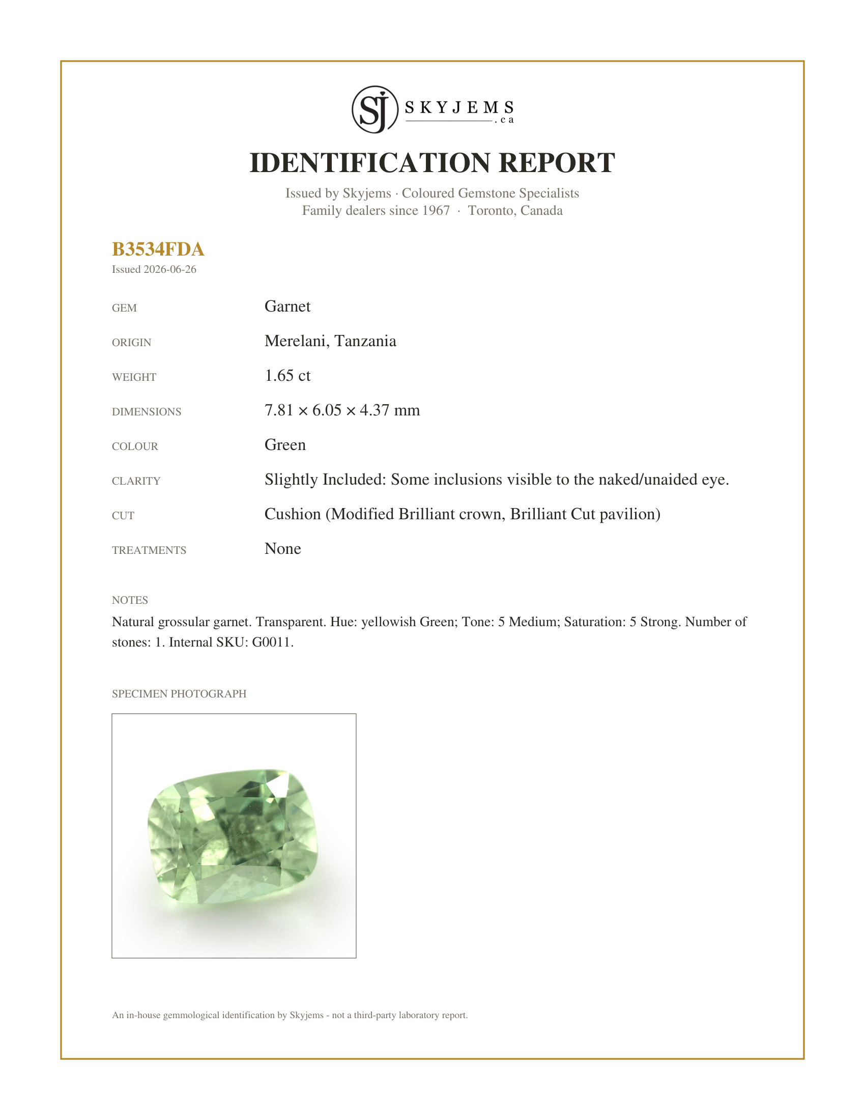 Skyjems Identification Report for G0011 — 1.65ct Cushion Green Merelani Mint Tsavorite Garnet from Tanzania