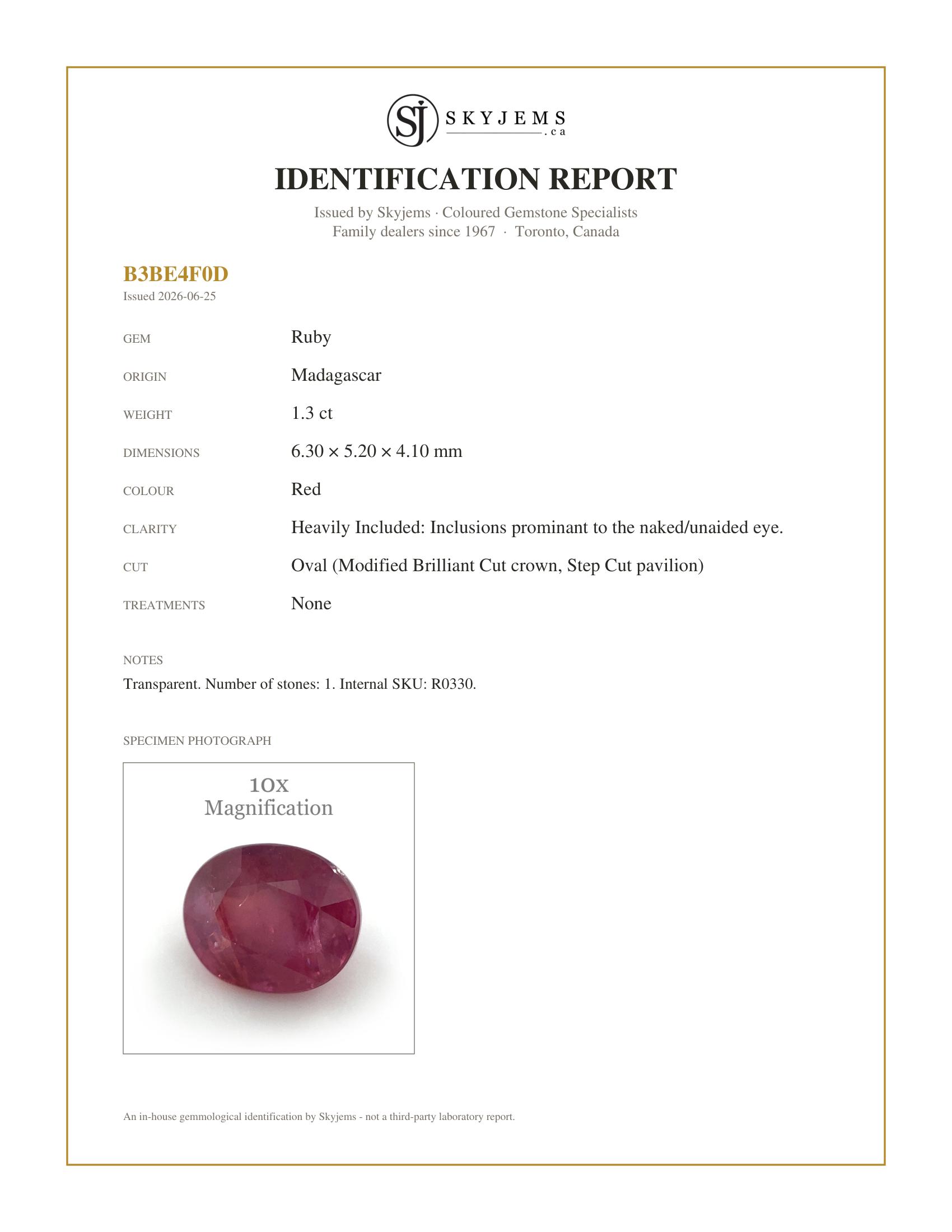 Skyjems Identification Report for R0330 — 1.30ct Oval Red Ruby Unheated