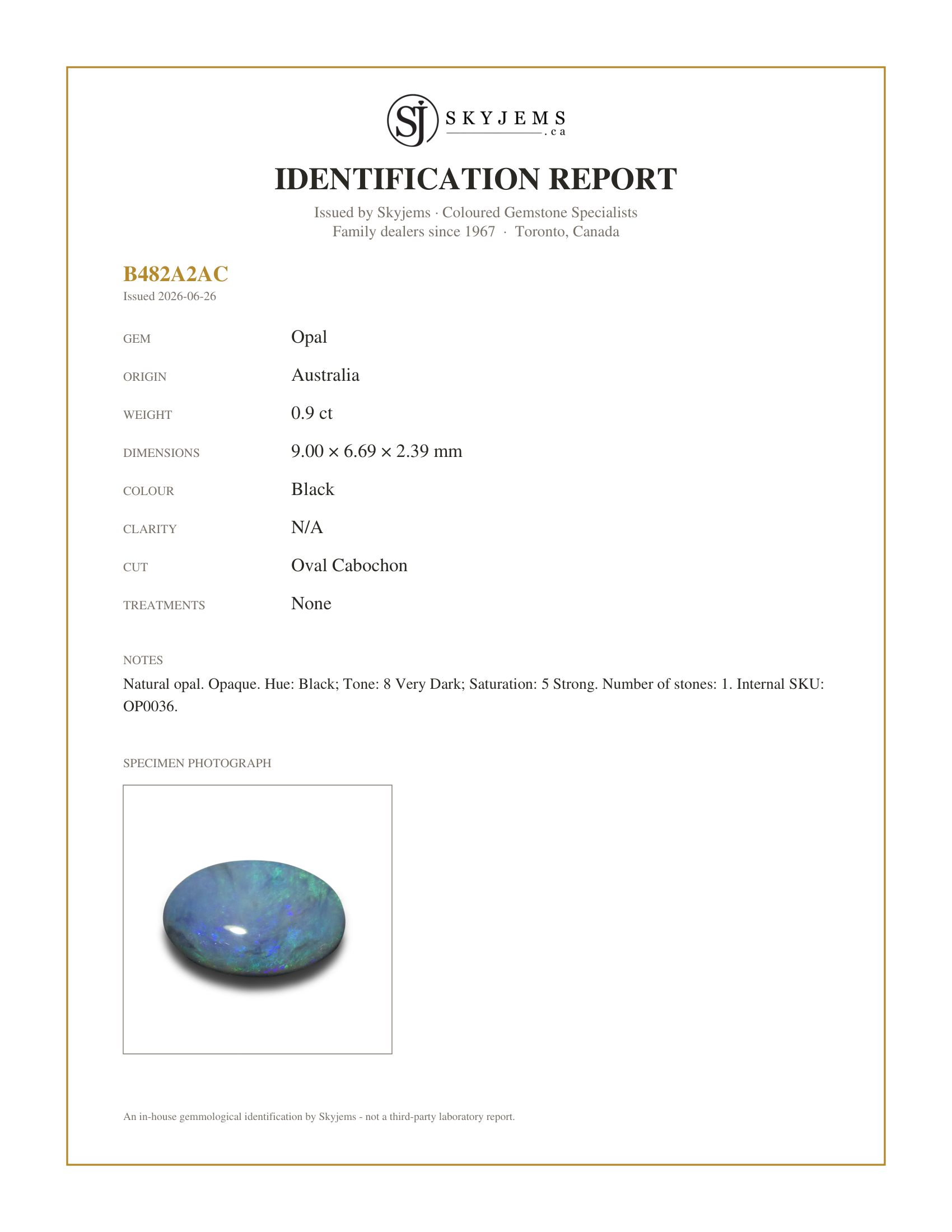 Skyjems Identification Report for OP0036 — 0.9ct Oval Cabochon Black Opal from Australia