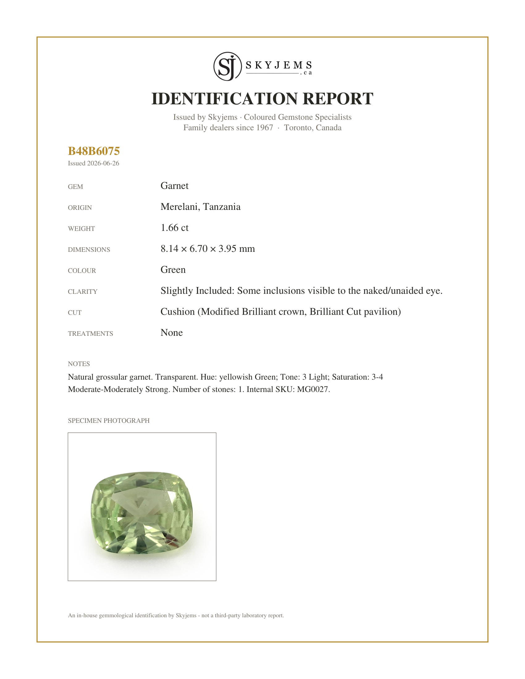 Skyjems Identification Report for MG0027 — 1.66ct Cushion Green Merelani Mint Tsavorite Garnet from Tanzania