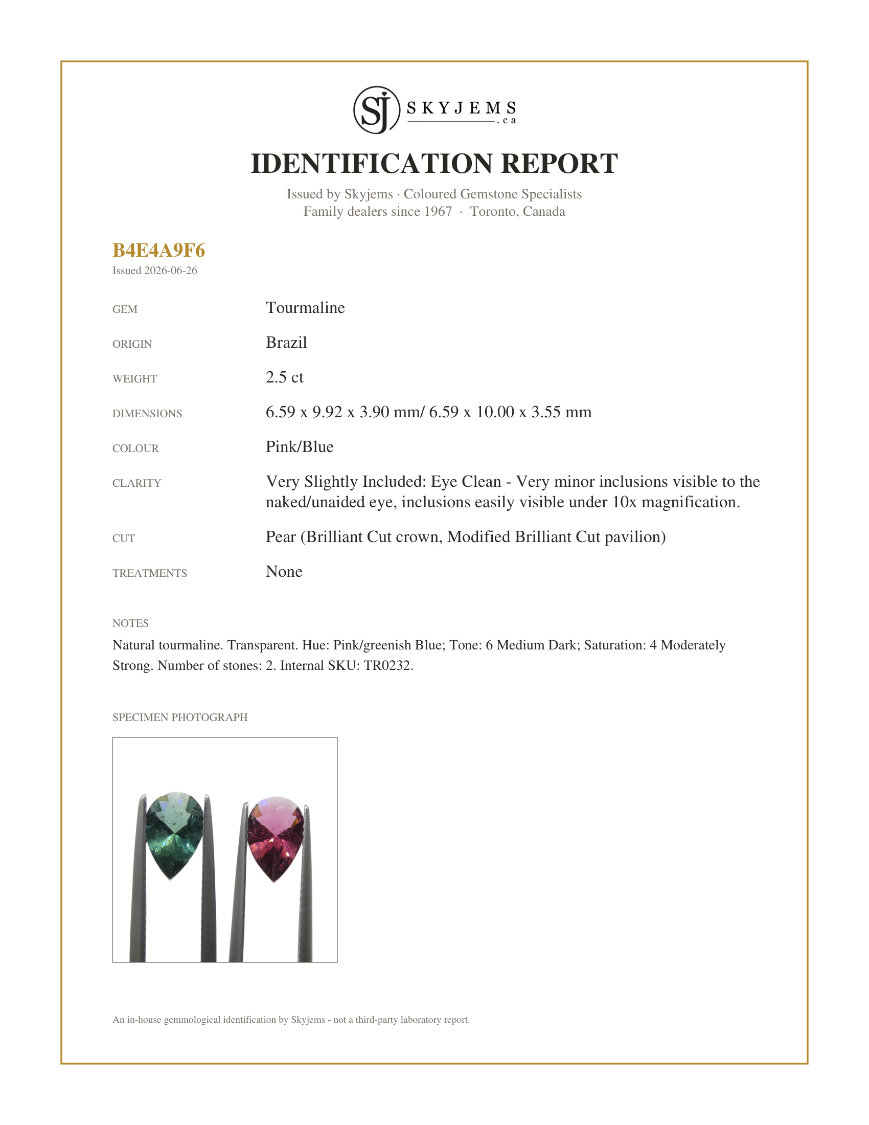 Skyjems Identification Report for TR0232 — 2.5ct Pair Pear Pink/Blue Tourmaline