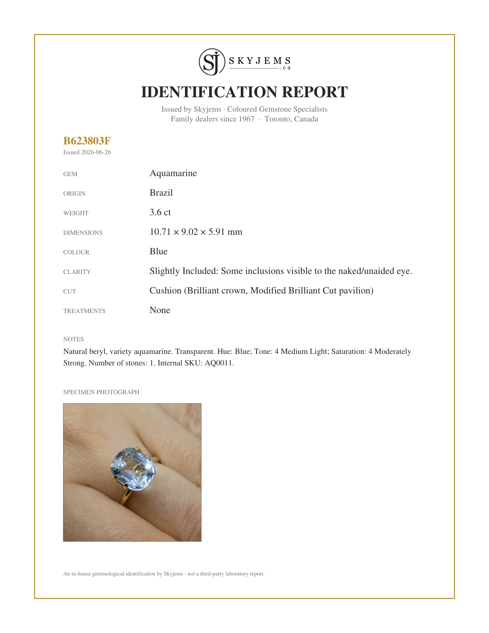 Skyjems Identification Report for AQ0011 — 3.6ct Cushion Blue Aquamarine from Brazil