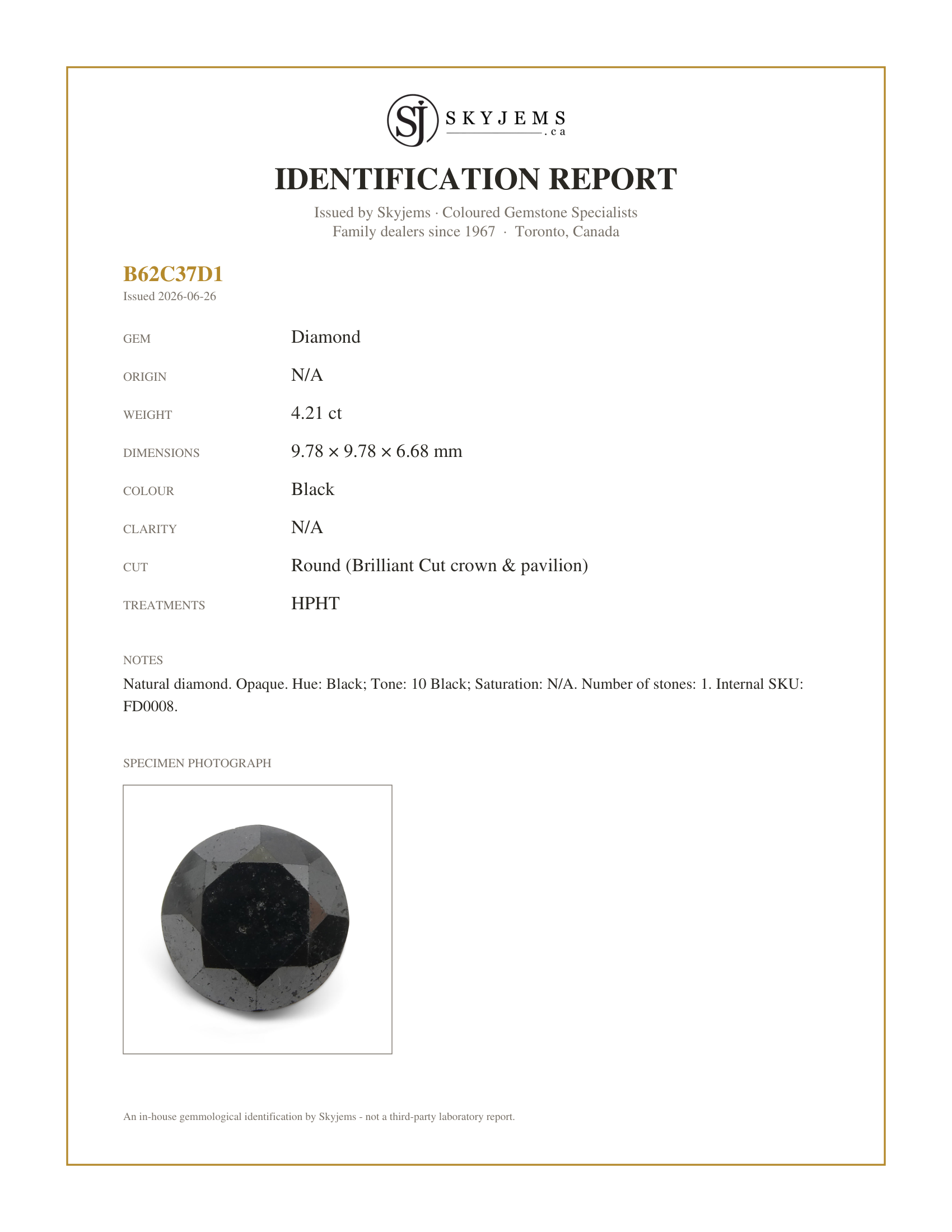 Skyjems Identification Report for FD0008 — 4.21ct Round Brilliant Cut Black Diamond