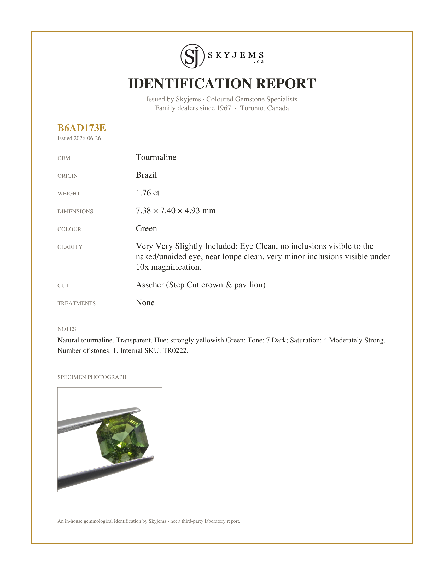 Skyjems Identification Report for TR0222 — 1.76ct Asscher Green Tourmaline