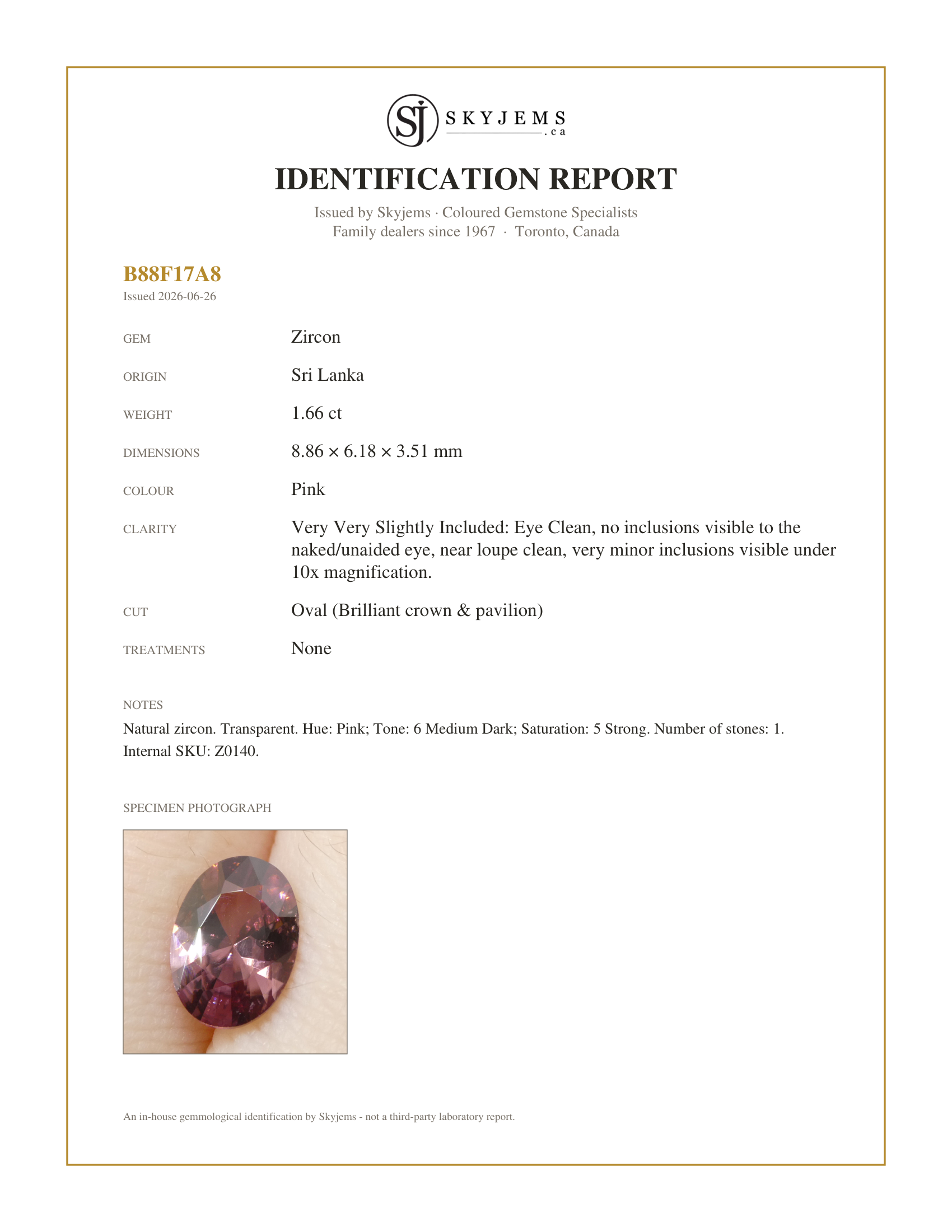 Skyjems Identification Report for Z0140 — 1.66ct Natural Earth Mined Oval Master Brilliant Cut Pink Zircon from Sri Lanka