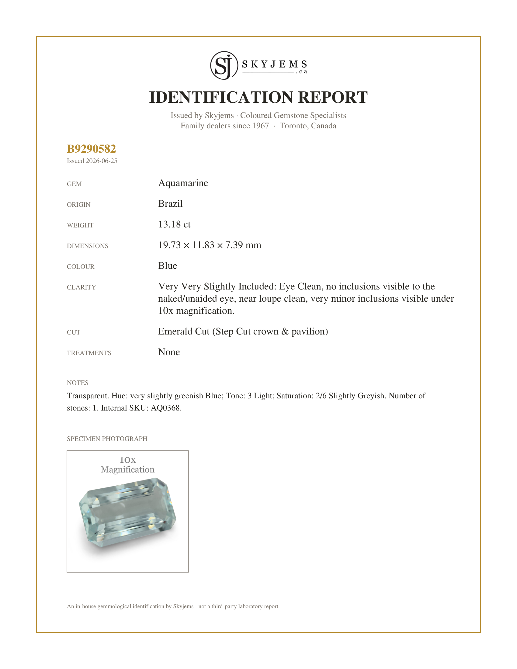 Skyjems Identification Report for AQ0368 — 13.18ct Emerald Cut Aquamarine
