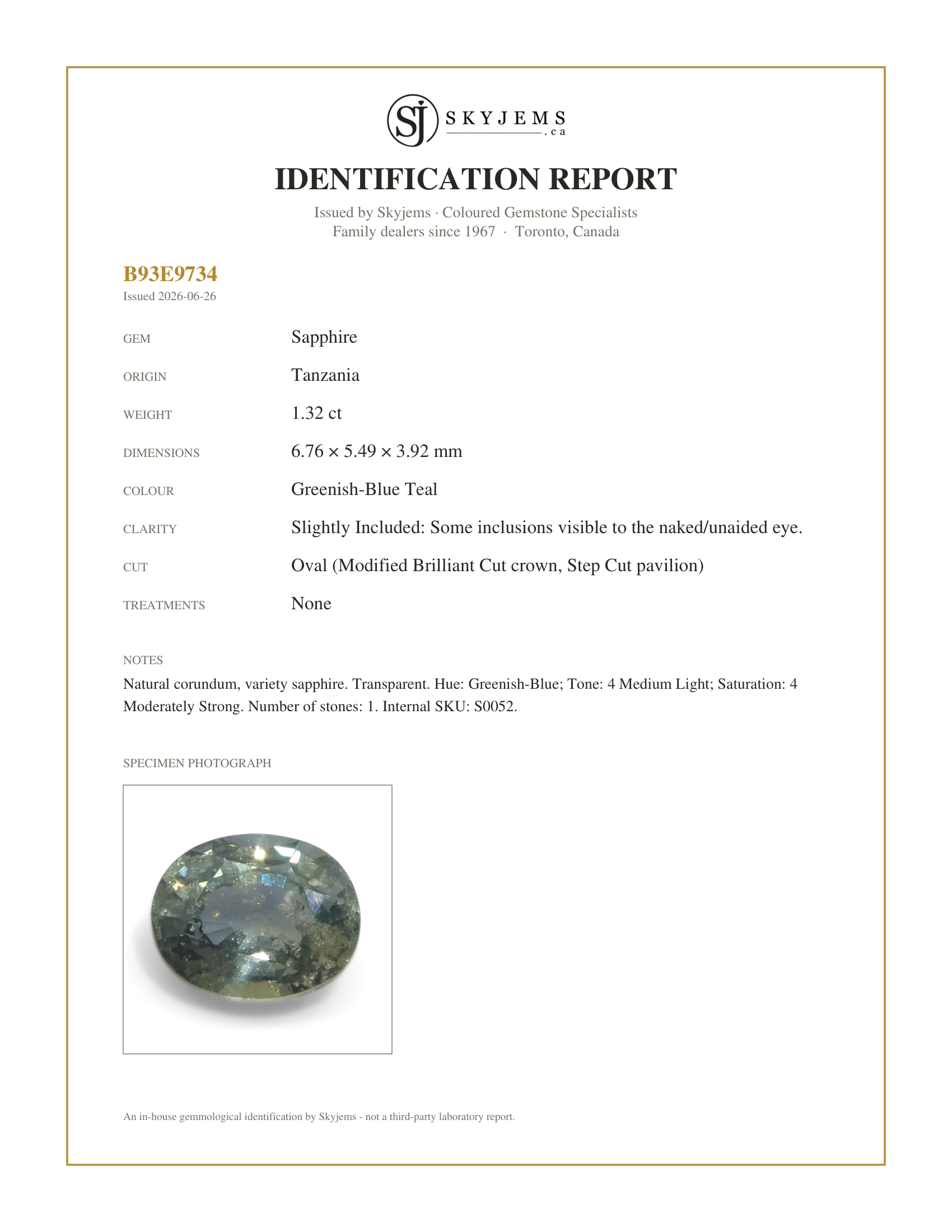 Skyjems Identification Report for S0052 — 1.32ct Unheated Oval Greenish-Blue Teal Sapphire from Tanzania, Unheated