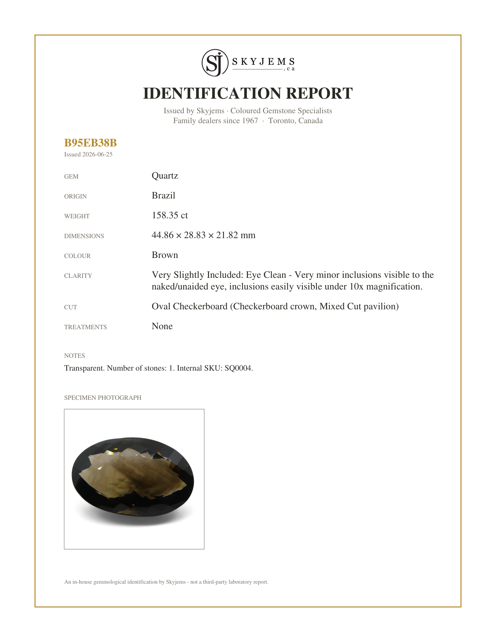 Skyjems Identification Report for SQ0004 — 158.35ct Smoky Quartz Oval Checkerboard