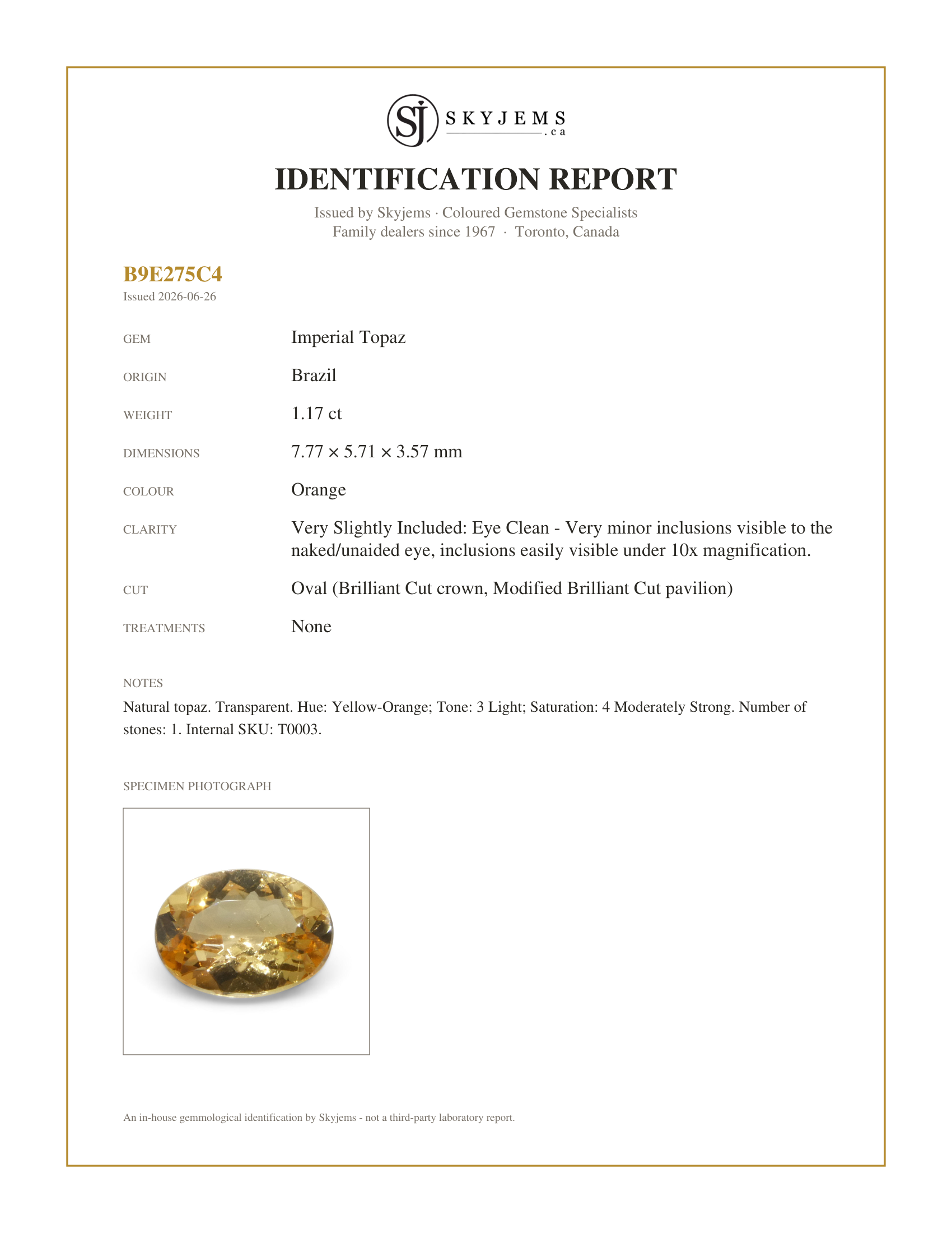 Skyjems Identification Report for T0003 — 1.17ct Oval Orange Imperial Topaz from Brazil Unheated