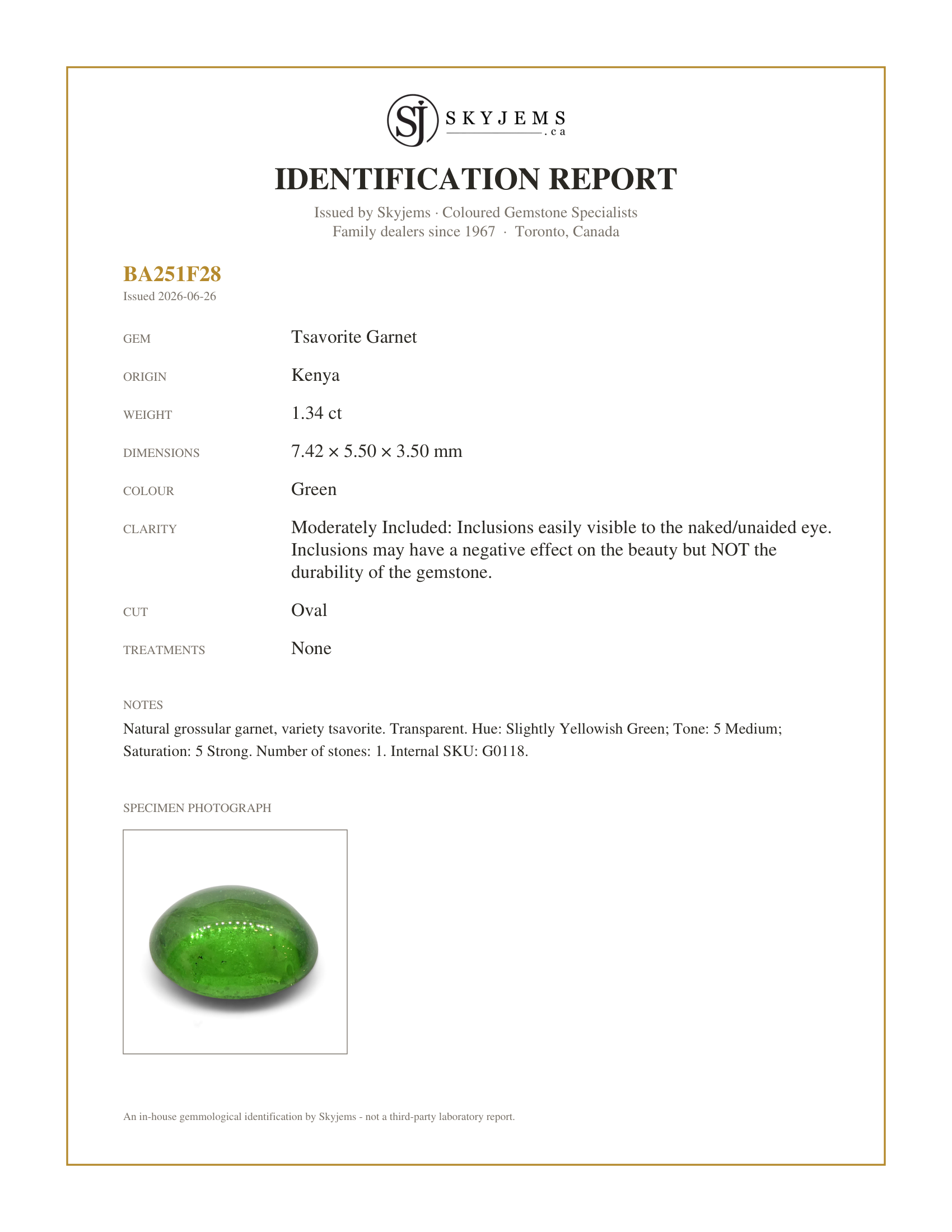 Skyjems Identification Report for G0118 — 1.34ct Oval Cabochon Green Tsavorite Garnet from Kenya, Unheated