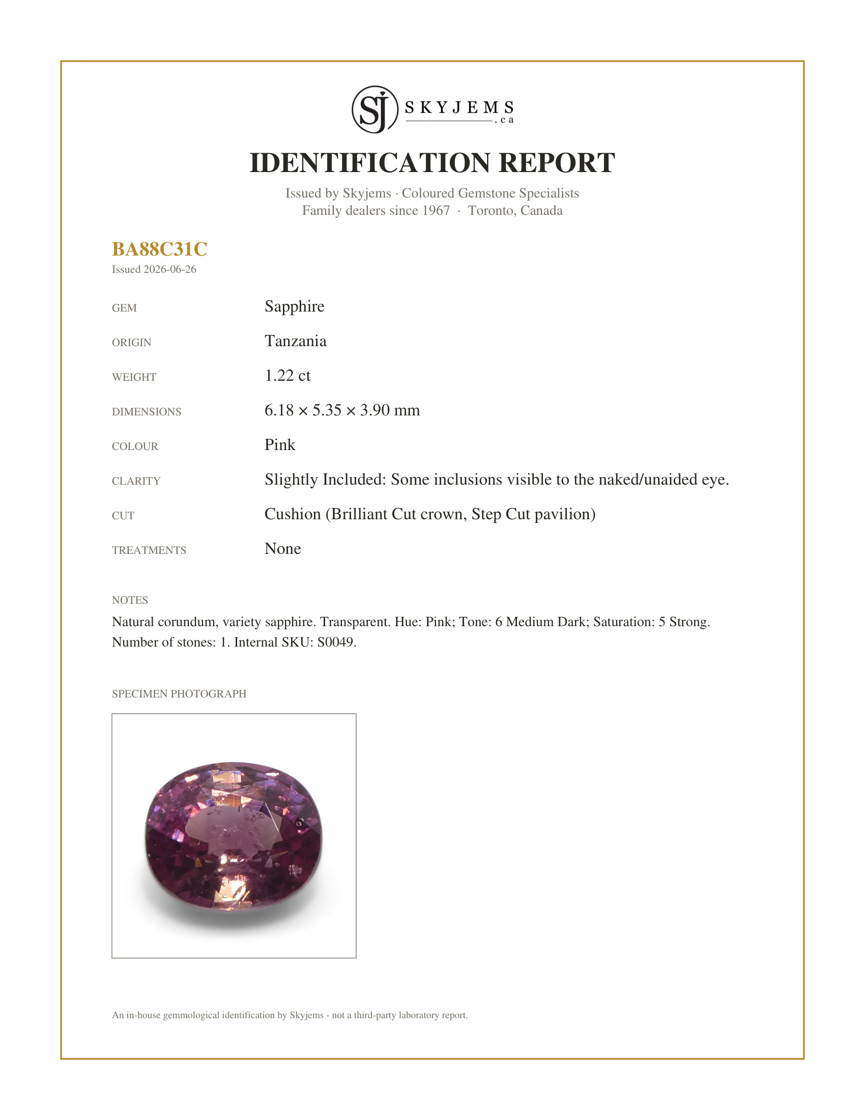 Skyjems Identification Report for S0049 — 1.22ct Unheated Cushion Pink Sapphire from Tanzania, Unheated