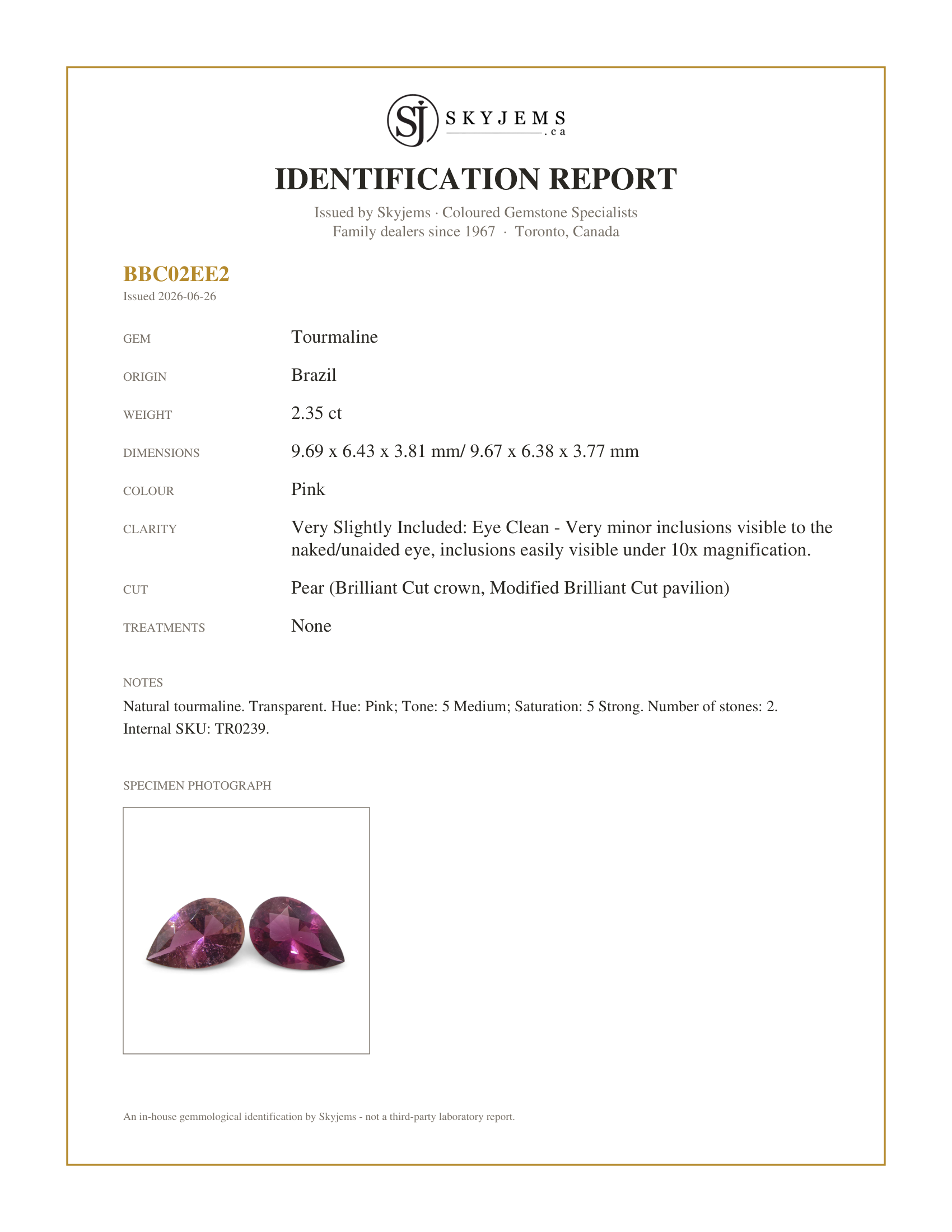 Skyjems Identification Report for TR0239 — 2.35ct Pair Pear Pink Tourmaline