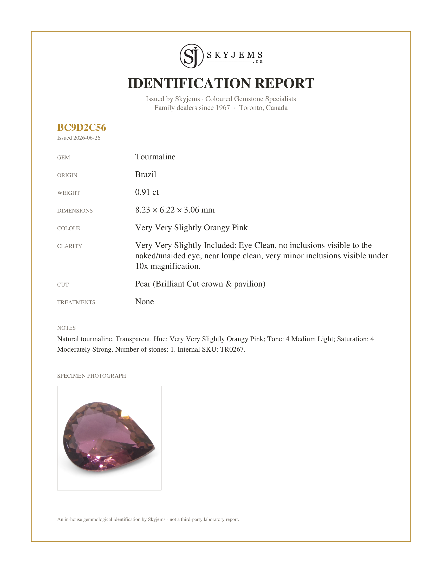 Skyjems Identification Report for TR0267 — 0.91ct Pear Pink Tourmaline
