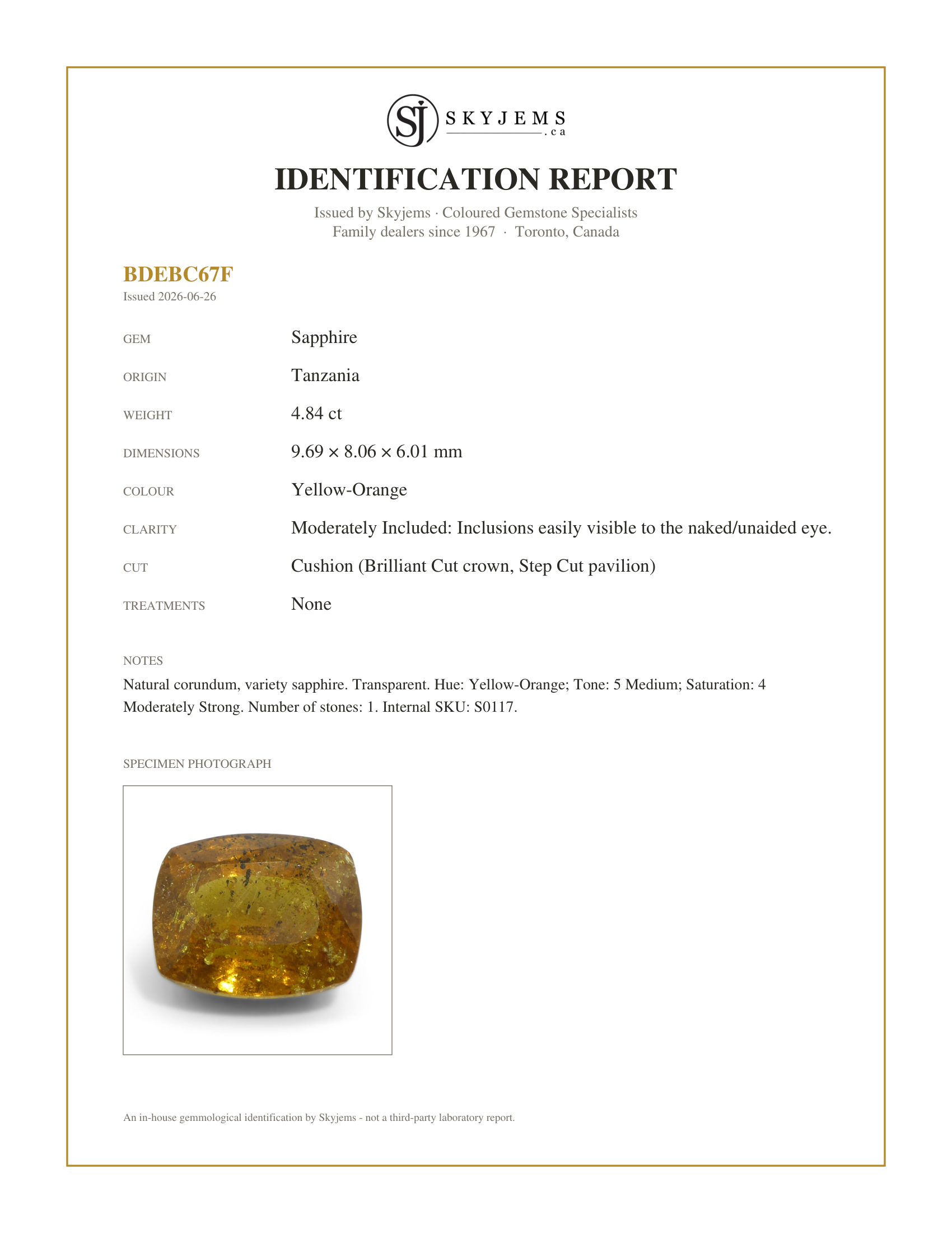 Skyjems Identification Report for S0117 — 4.84ct Cushion Orange Sapphire from Tanzania Unheated