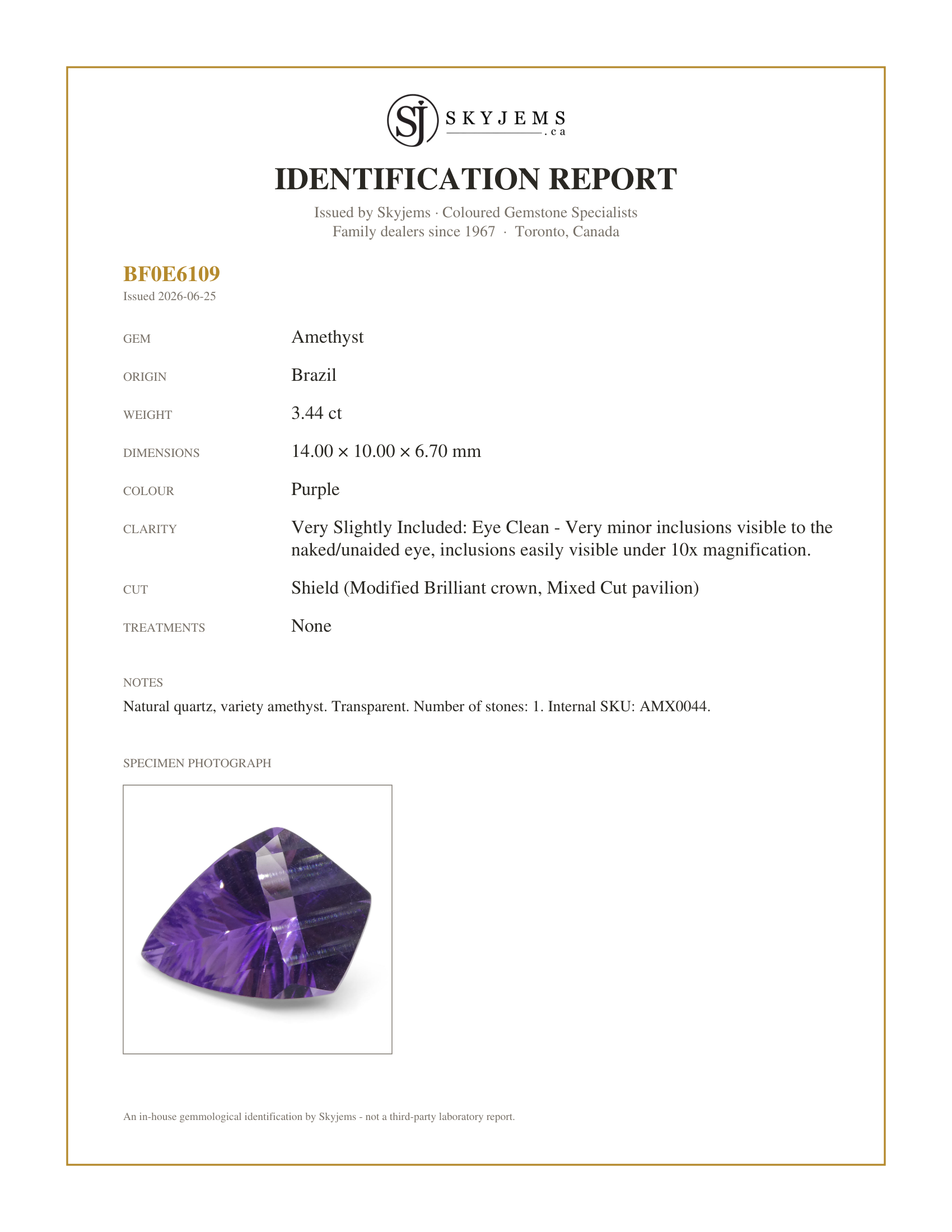 Skyjems Identification Report for AMX0044 — 3.44ct Shield Amethyst 'Eleanor' Fantasy/Fancy Cut