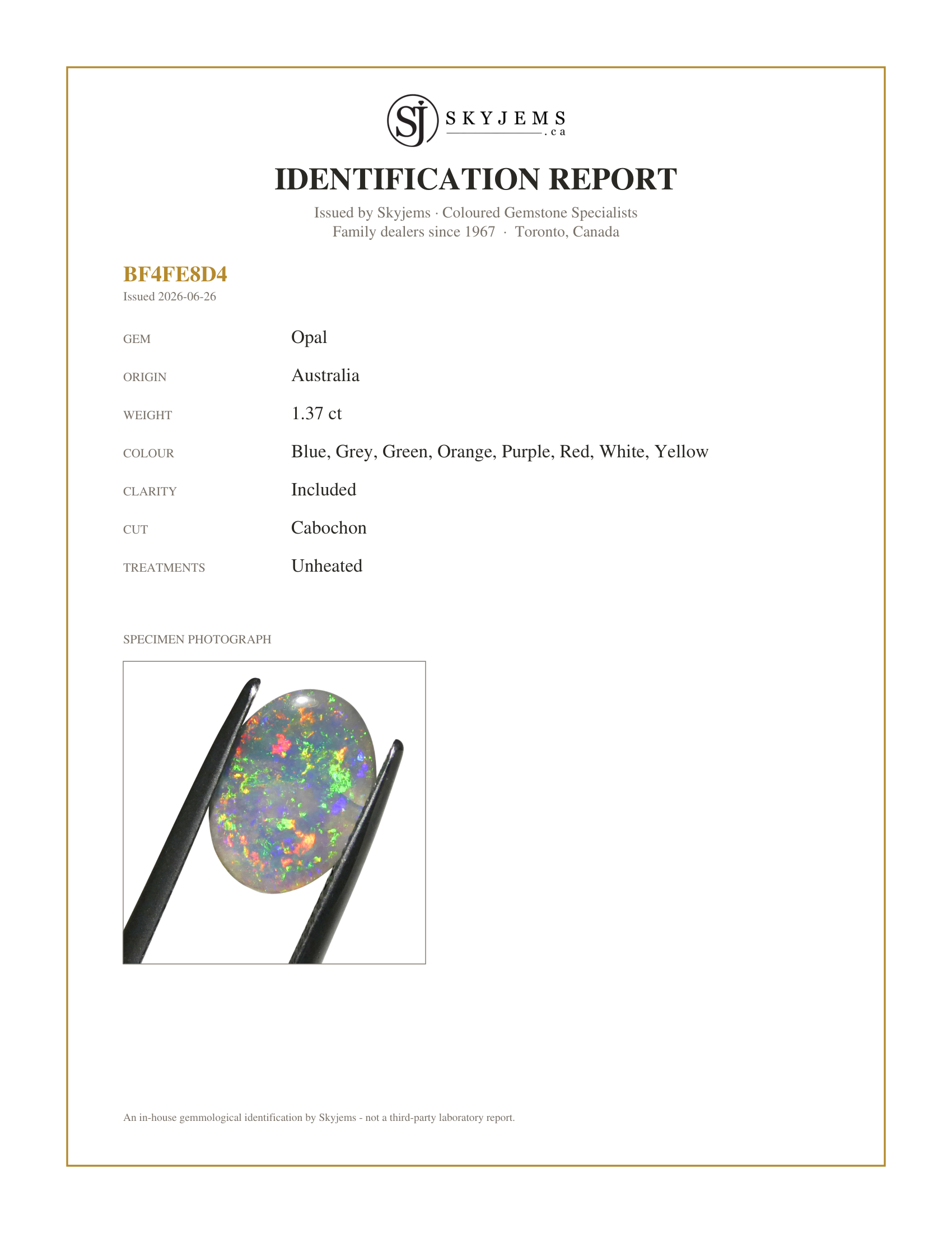 Skyjems Identification Report for  — 1.37ct Oval Cabochon Gray Opal from Australia