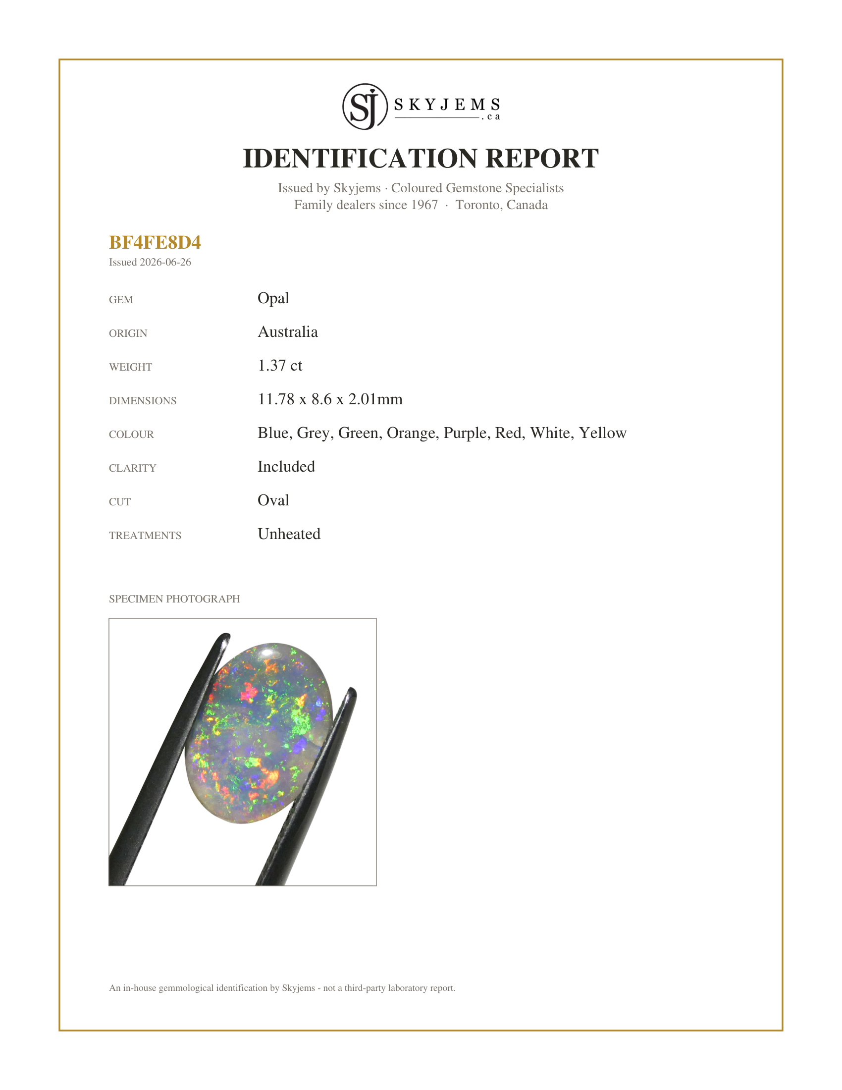 Skyjems Identification Report for OP0061 — 1.37ct Oval Cabochon Gray Opal from Australia