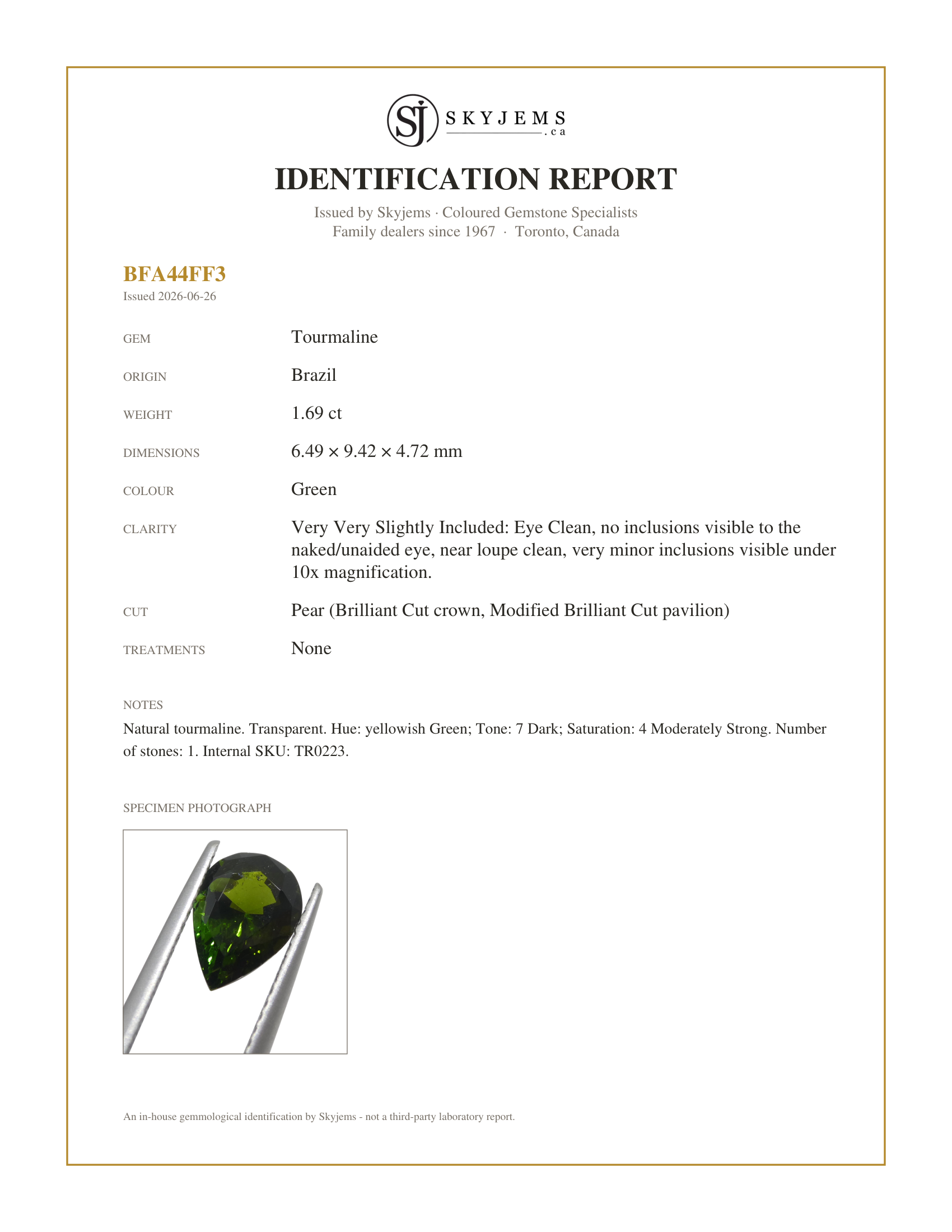Skyjems Identification Report for TR0223 — 1.69ct  Pear Green Tourmaline