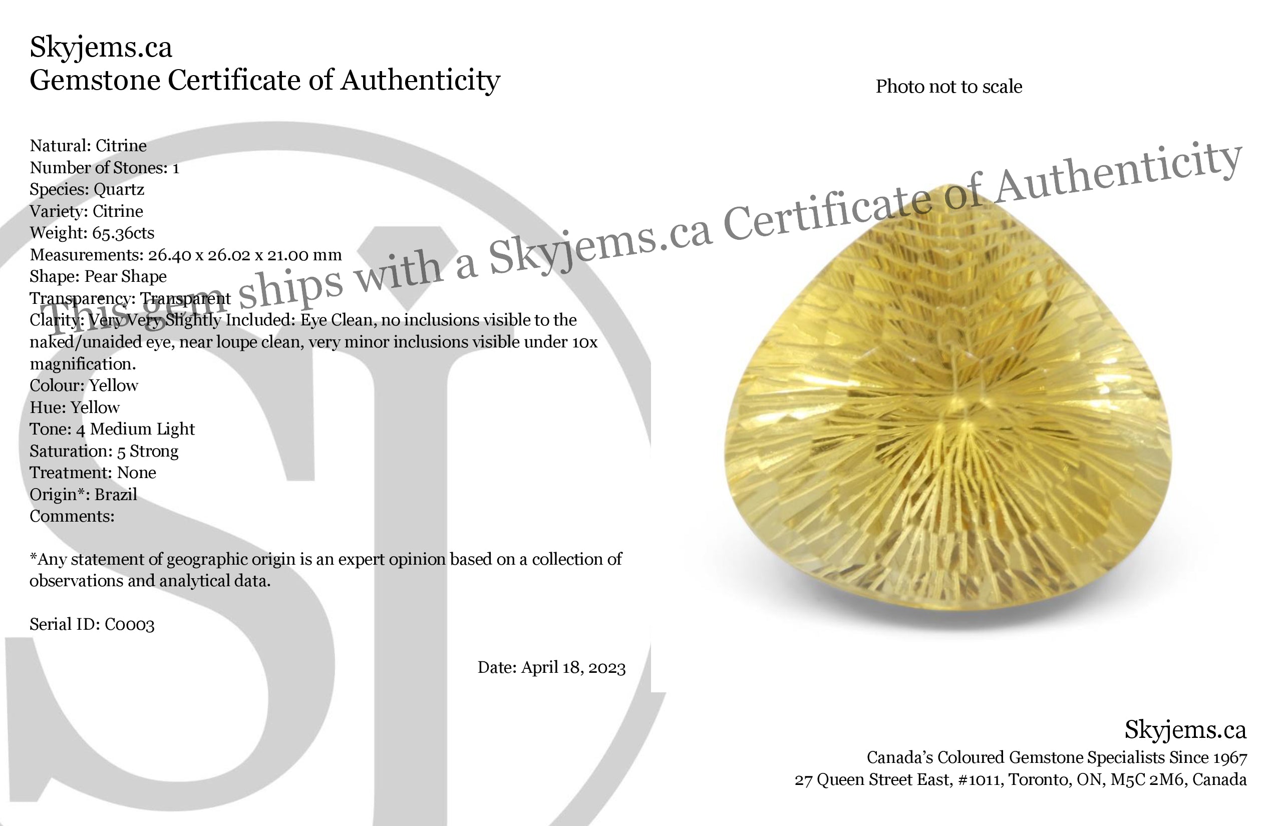 65.36ct Pear Shape Yellow Honeycomb Starburst Citrine from Brazil - Skyjems Wholesale Gemstones