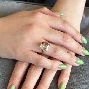 7.85ct Bi-Colour Tourmaline, Pink & Green Diamond Statement or Engagement Ring set in 14k Yellow Gold - Skyjems Wholesale Gemstones