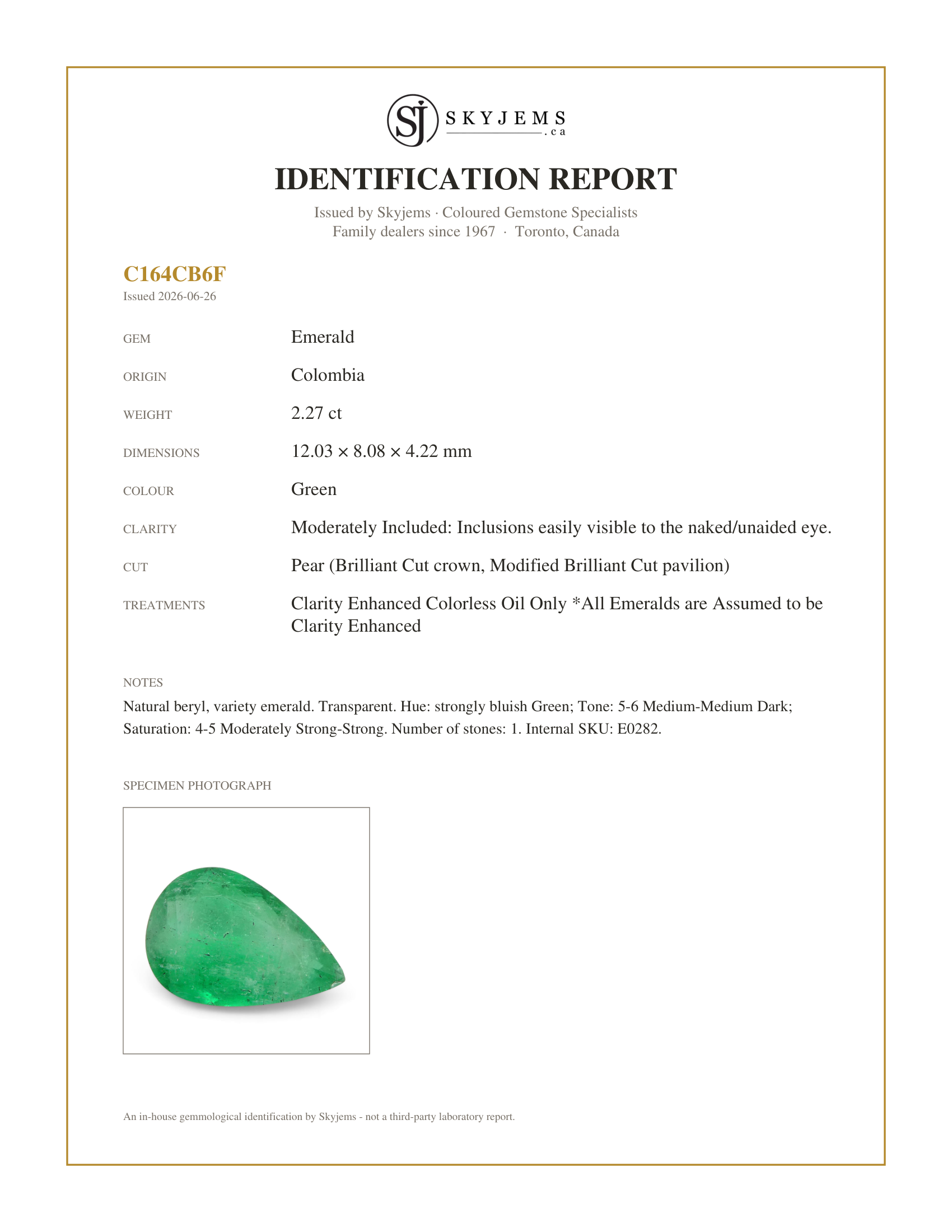 Skyjems Identification Report for E0282 — 2.27ct Pear Green Emerald from Colombia