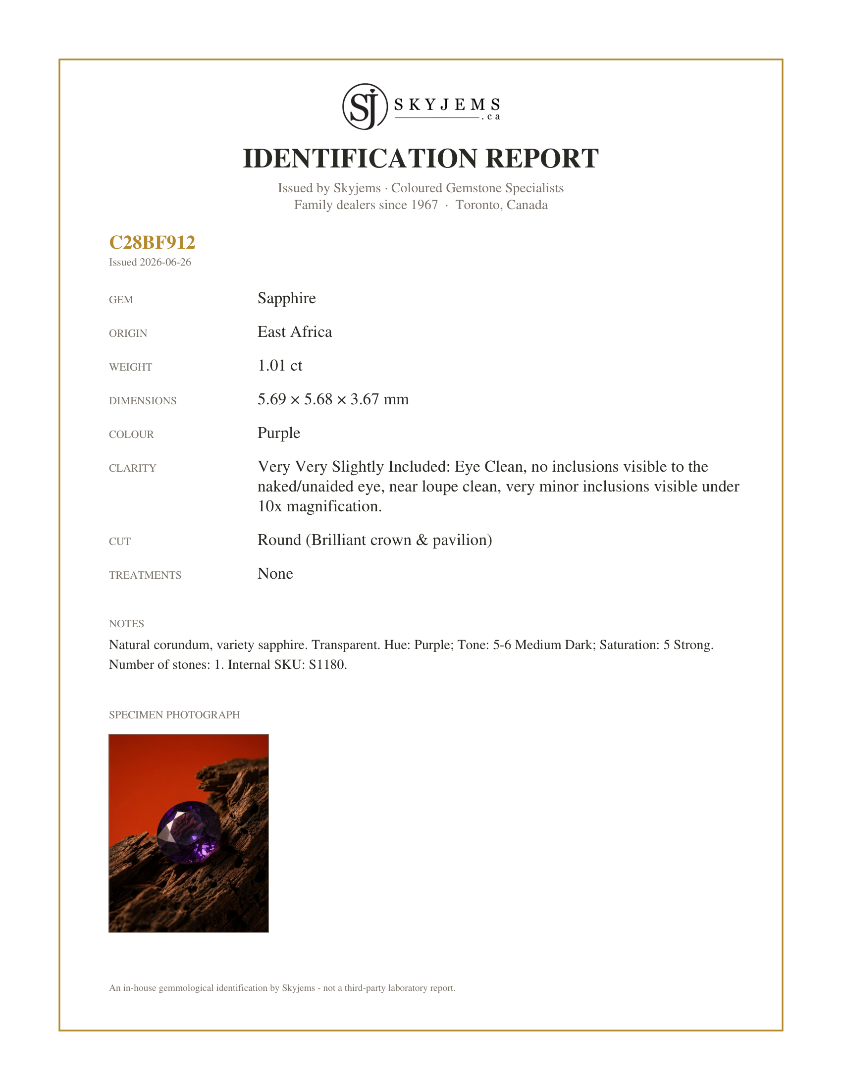 Skyjems Identification Report for S1180 — 1.01ct Round Purple Sapphire from East Africa, Unheated