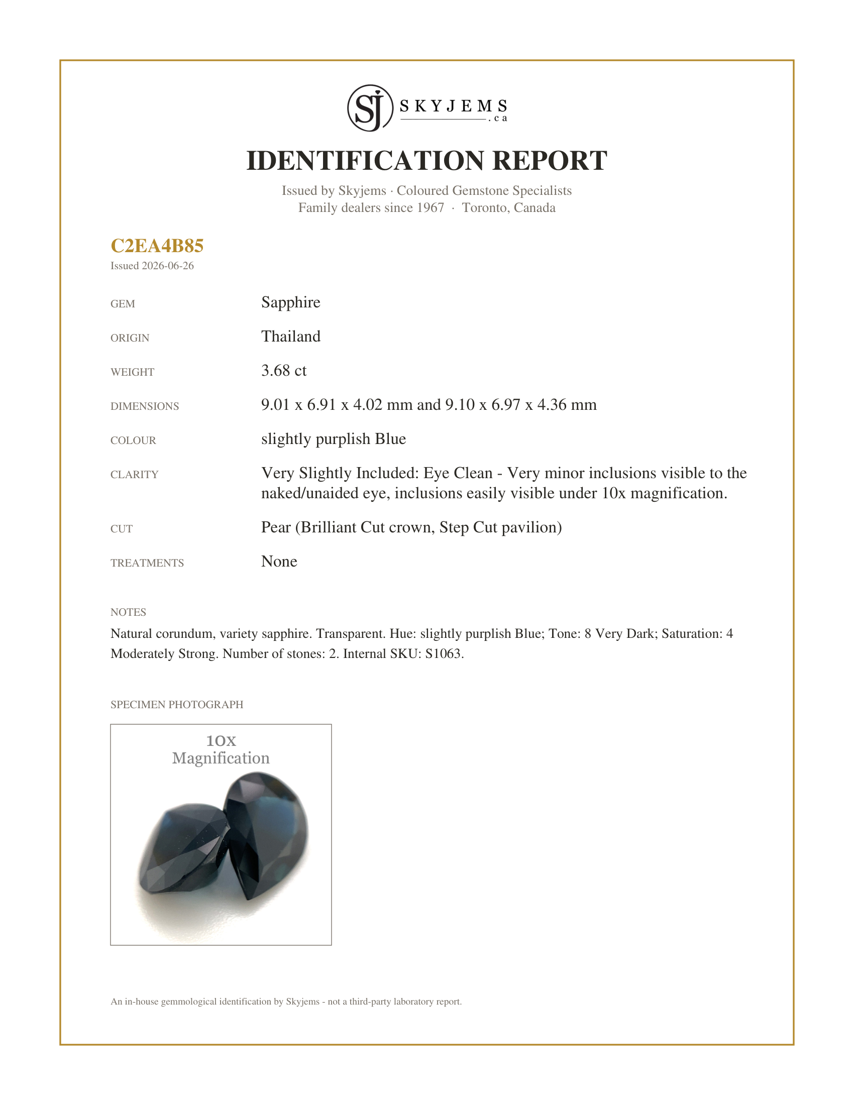 Skyjems Identification Report for S1063 — 3.68ct Pair Pear Blue Sapphire from Thailand Unheated