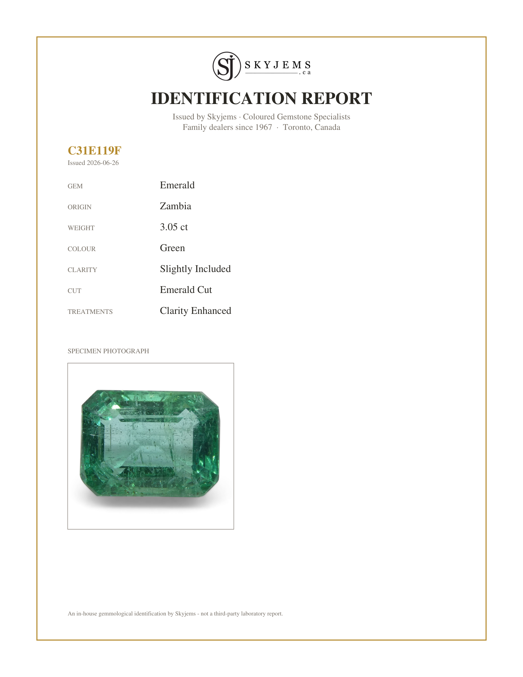 Skyjems Identification Report for  — 3.05ct Emerald Cut Emerald from Zambia