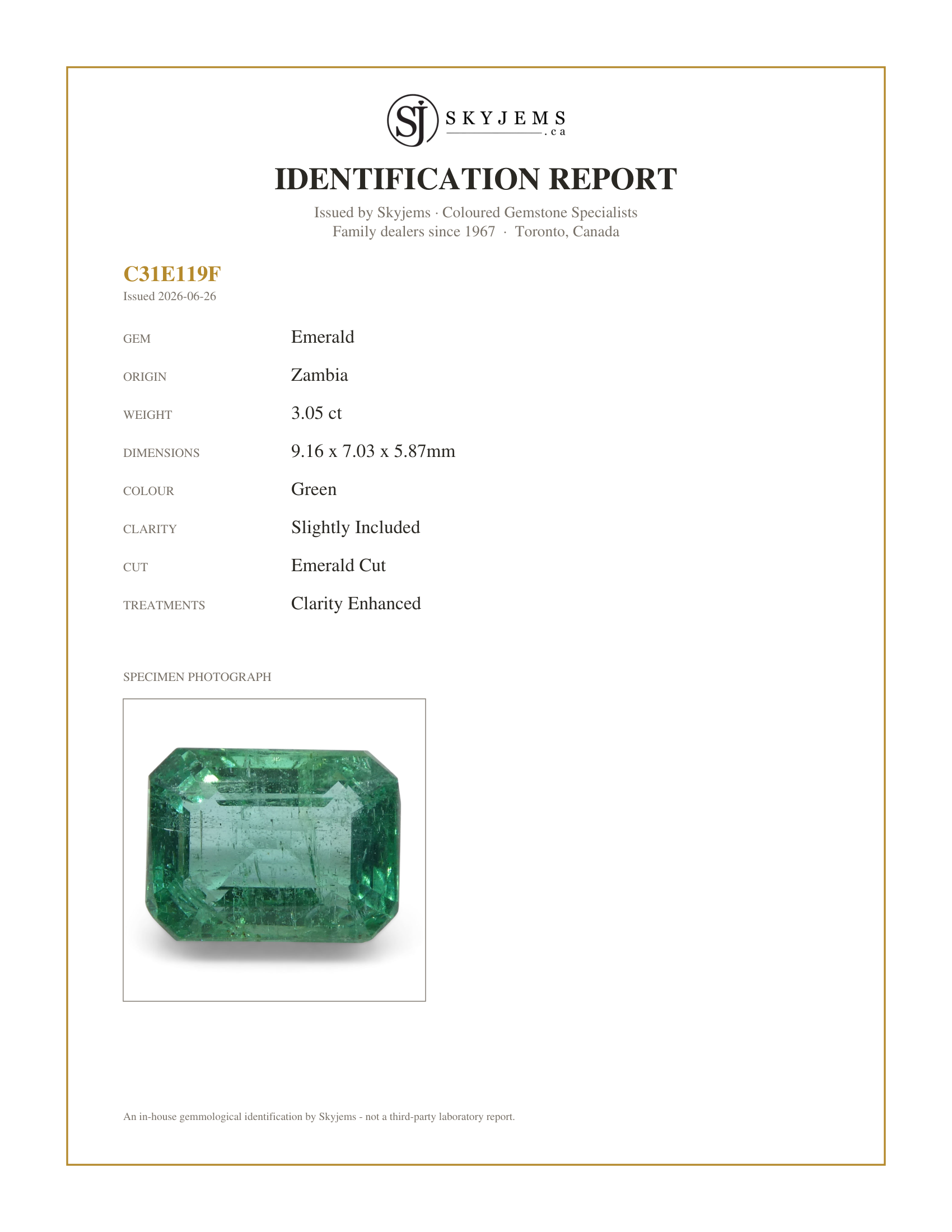 Skyjems Identification Report for E0085 — 3.05ct Emerald Cut Emerald from Zambia