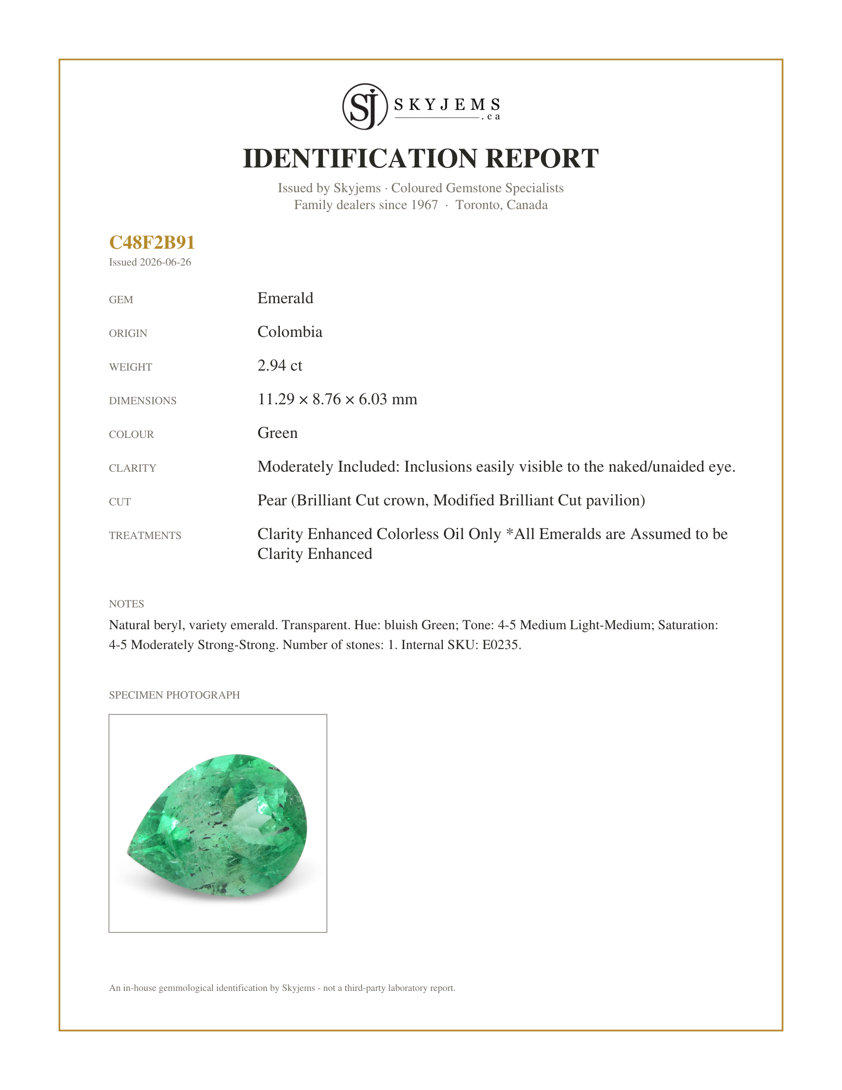Skyjems Identification Report for E0235 — 2.94ct Pear Green Emerald from Colombia