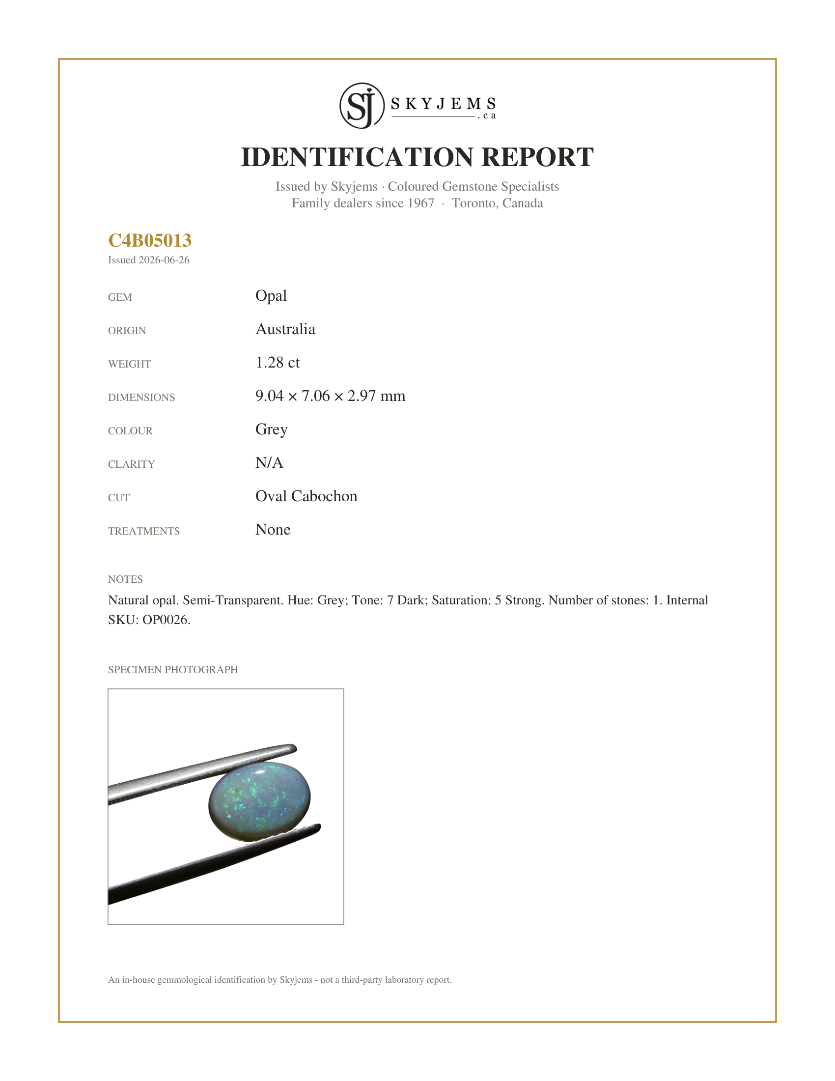 Skyjems Identification Report for OP0026 — 1.28ct Oval Cabochon Grey Opal from Australia