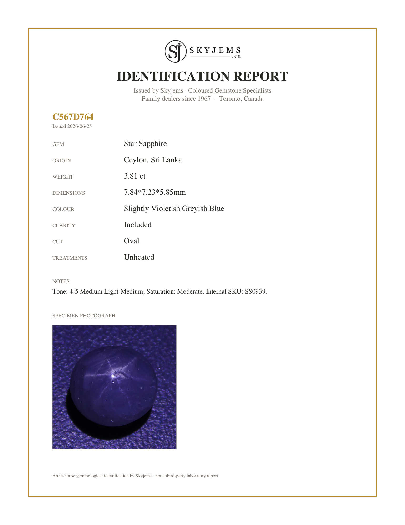 Skyjems Identification Report for SS0939 — 3.81 ct Unheated Blue Ceylon Star Sapphire