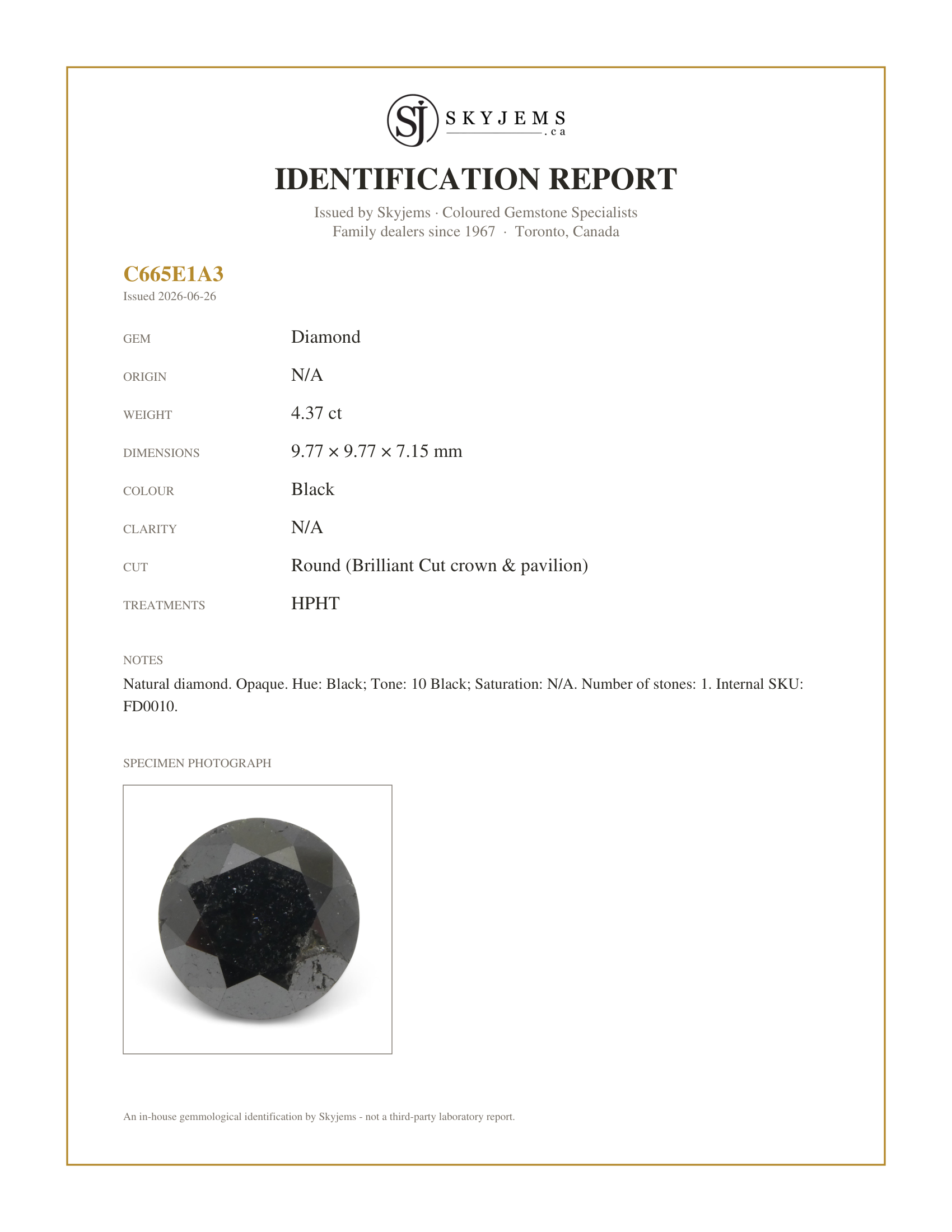 Skyjems Identification Report for FD0010 — 4.37ct Round Brilliant Cut Black Diamond