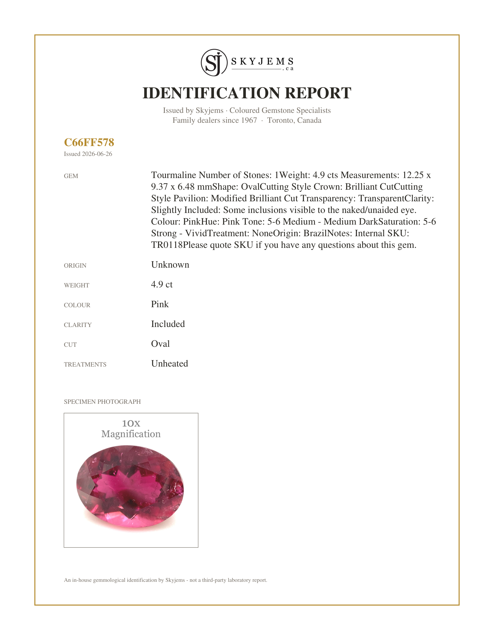 Skyjems Identification Report for  — 4.9ct Oval Pink Tourmaline