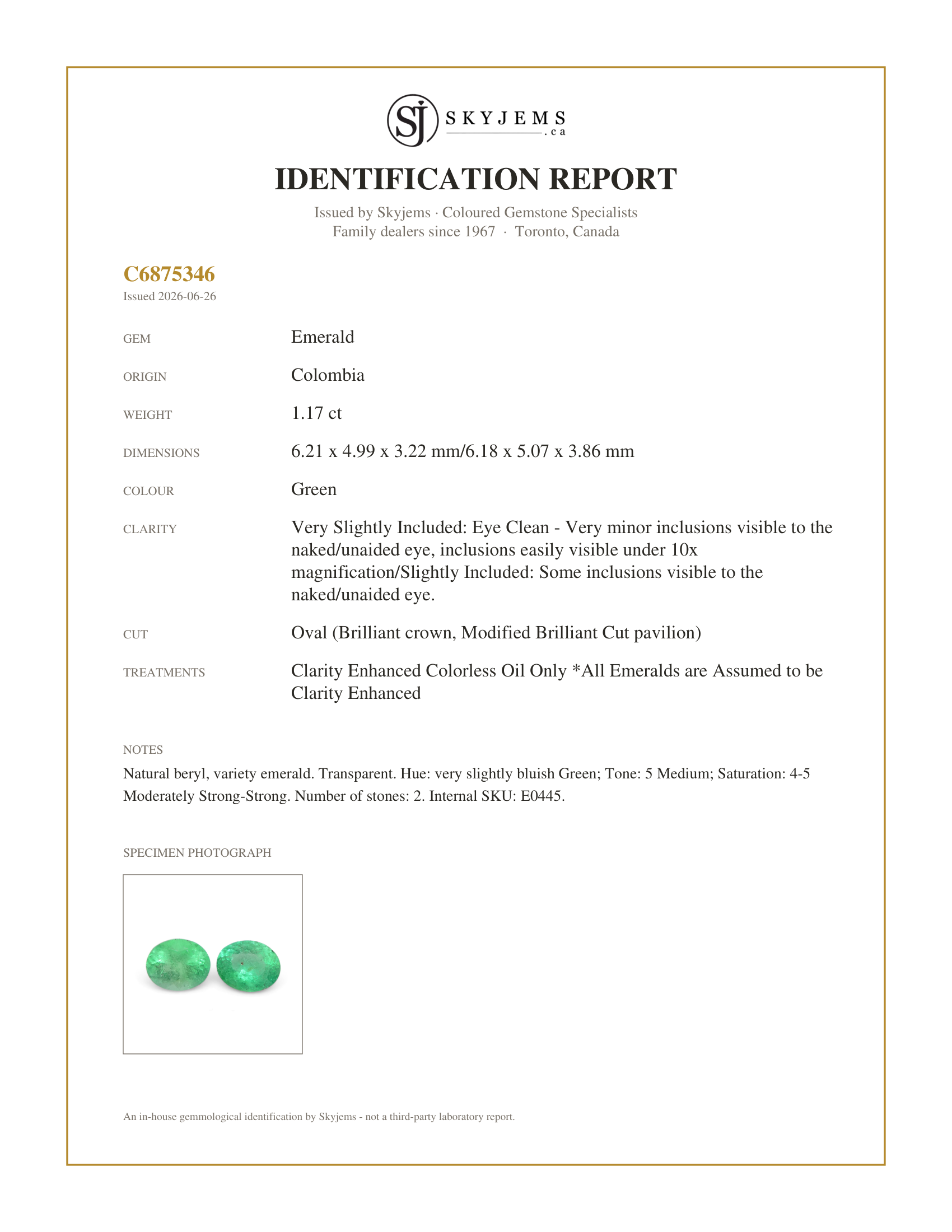 Skyjems Identification Report for E0445 — 1.17ct Pair Oval Green Emerald from Colombia