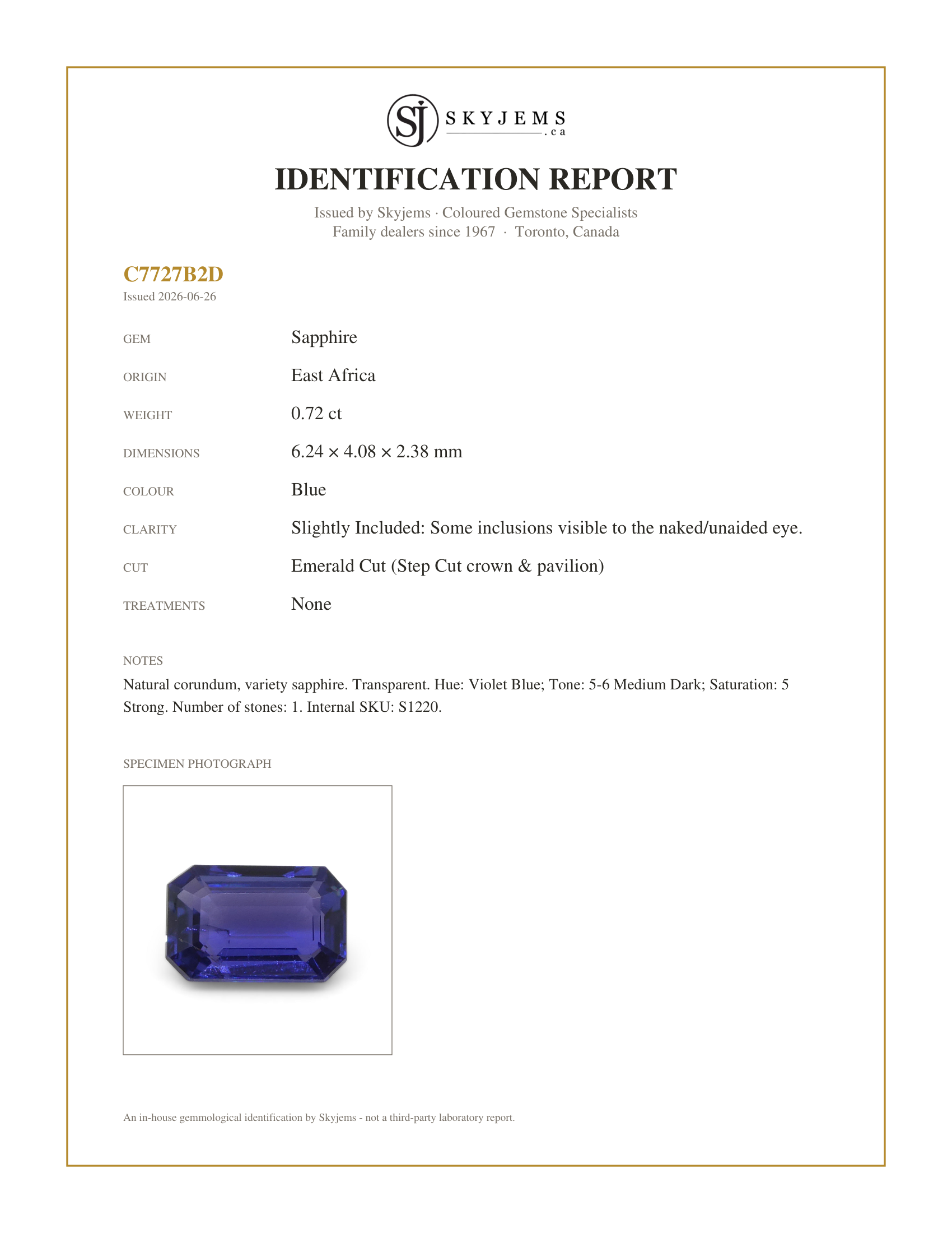 Skyjems Identification Report for S1220 — 0.72ct Emerald Cut Blue Sapphire from East Africa, Unheated