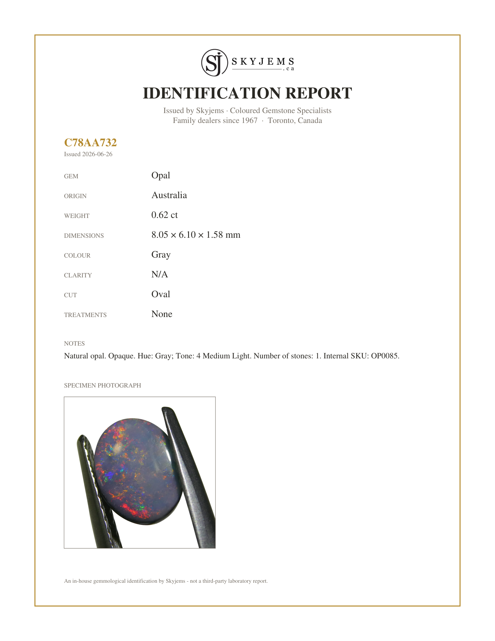 Skyjems Identification Report for OP0085 — 0.62ct Oval Cabochon Gray Opal from Australia
