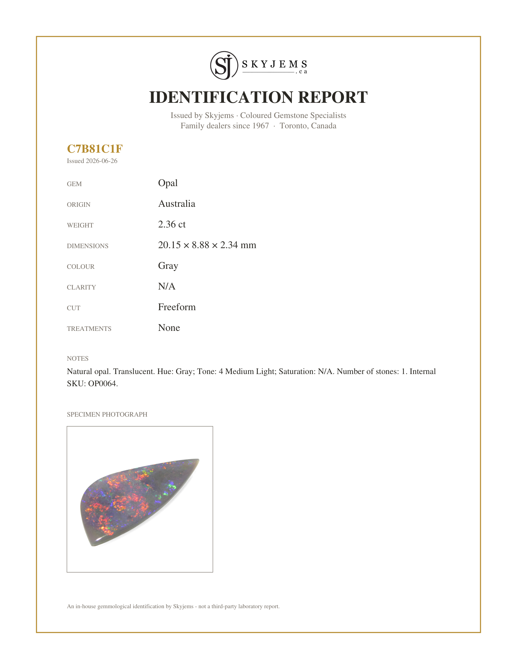 Skyjems Identification Report for OP0064 — 2.36ct Freeform Cabochon Gray Opal from Australia