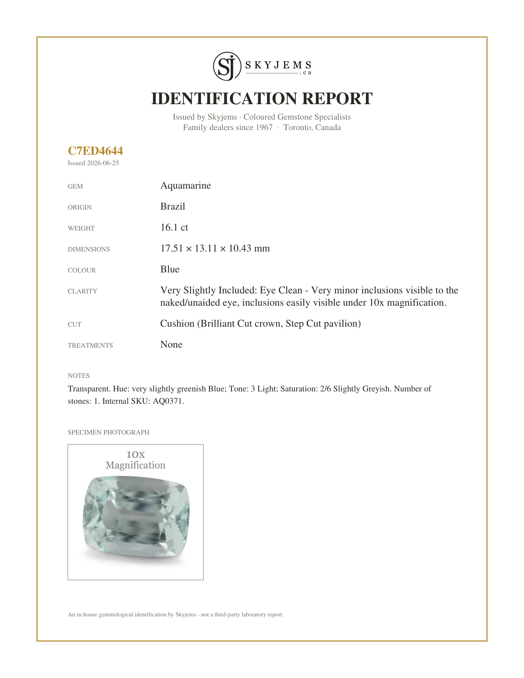 Skyjems Identification Report for AQ0371 — 16.1ct Cushion Aquamarine