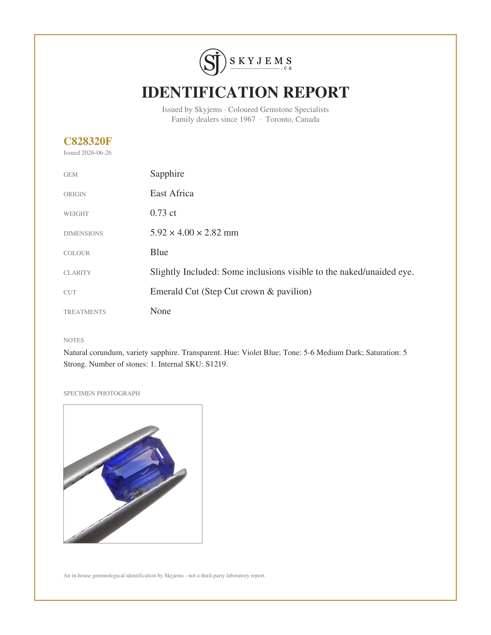 Skyjems Identification Report for S1219 — 0.73ct Emerald Cut Blue Sapphire from East Africa, Unheated