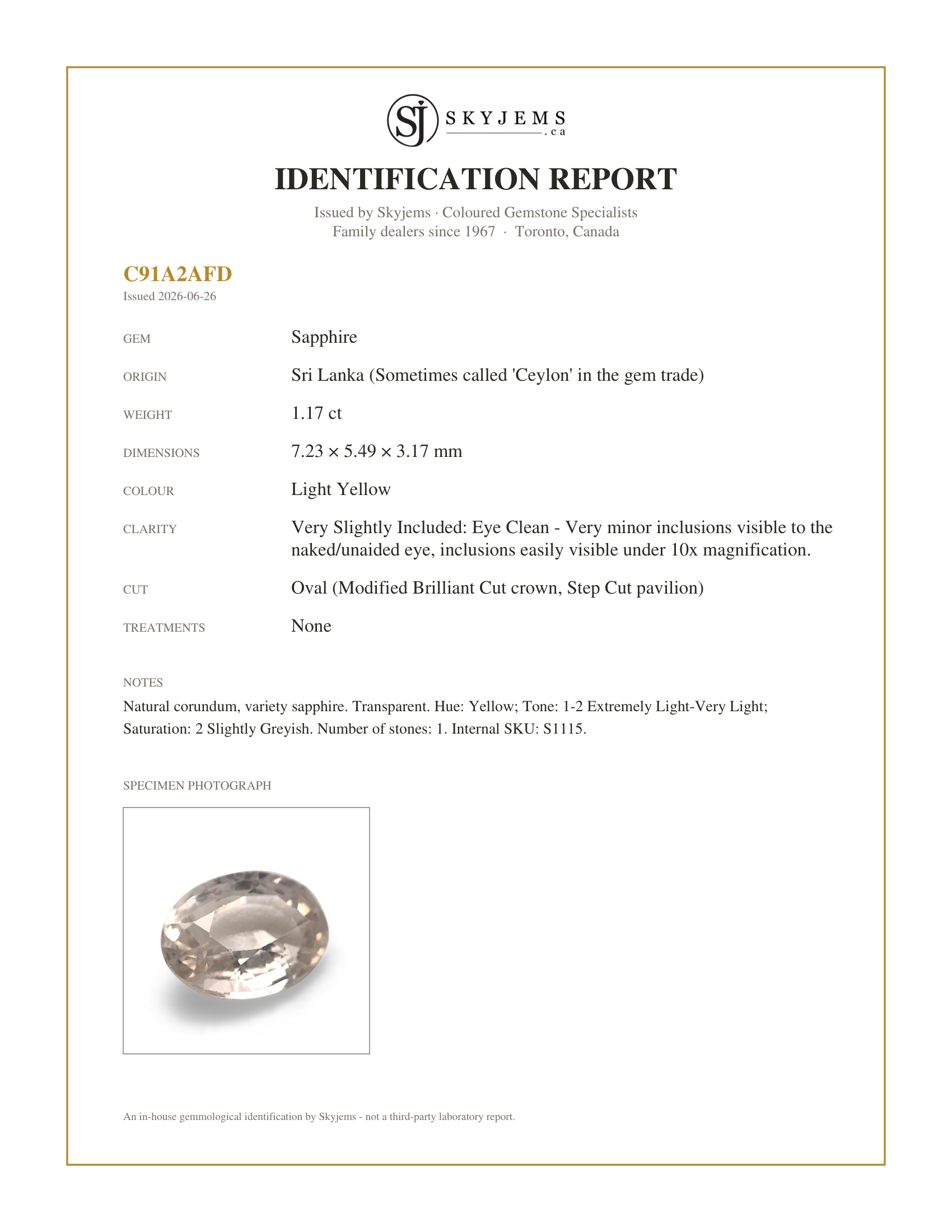 Skyjems Identification Report for S1115 — 1.17ct Oval Pastel Yellow Sapphire from Sri Lanka Unheated